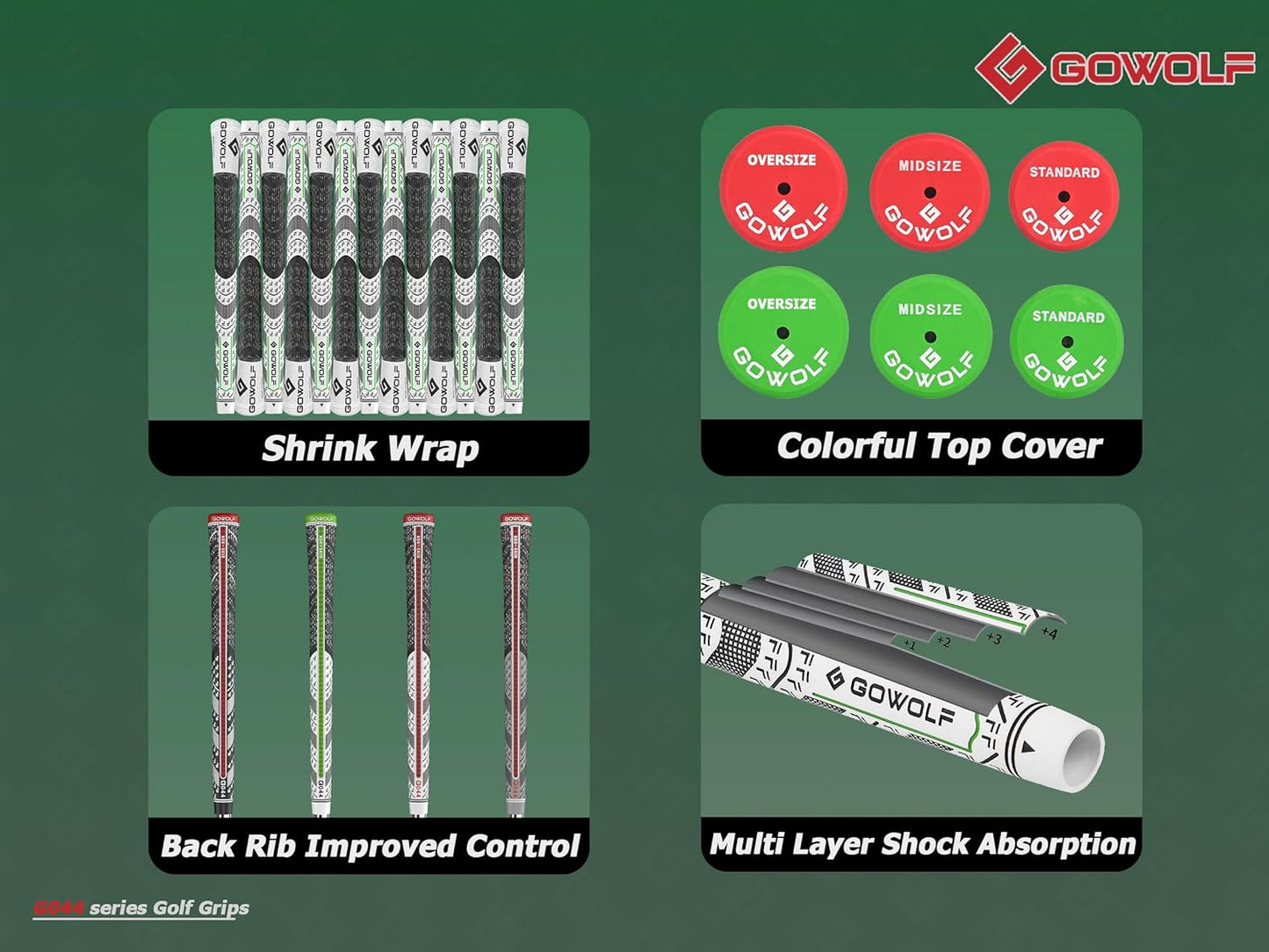 Gowolf Premium Cross Corded Natrual Rubber Golf Grips 13 Pack, Back Rib Improved Control Multi-compound Hybrid Golf Club Grips with 15pc Tapes or Full Kits