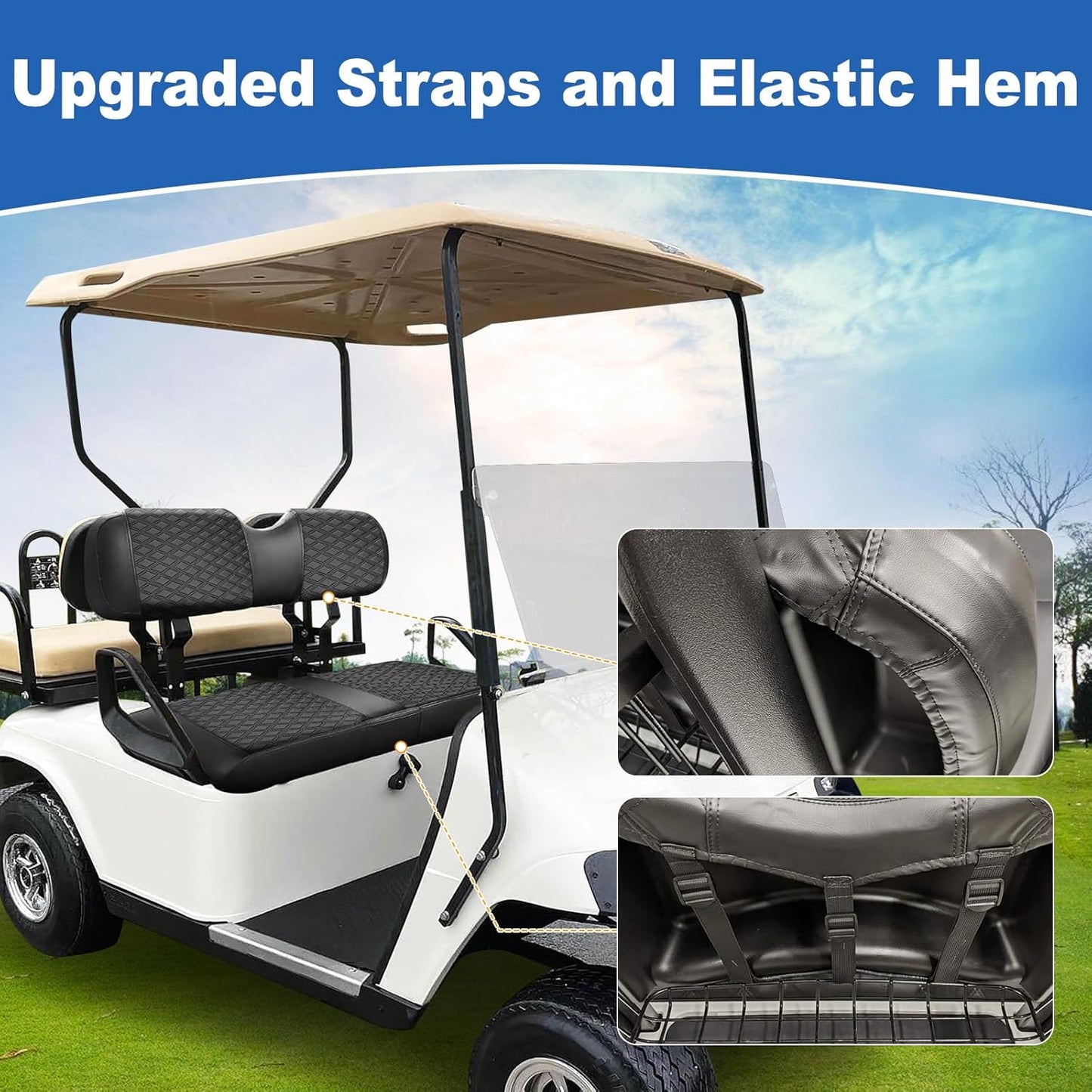 QUNSUNUS Golf Cart Seat Cover for EZGO TXT/EZGO RXV OEM Standard Front Seat,Easy to Install Front Leather Golf Seat Covers with Elastic Edges and Strap(2PS)
