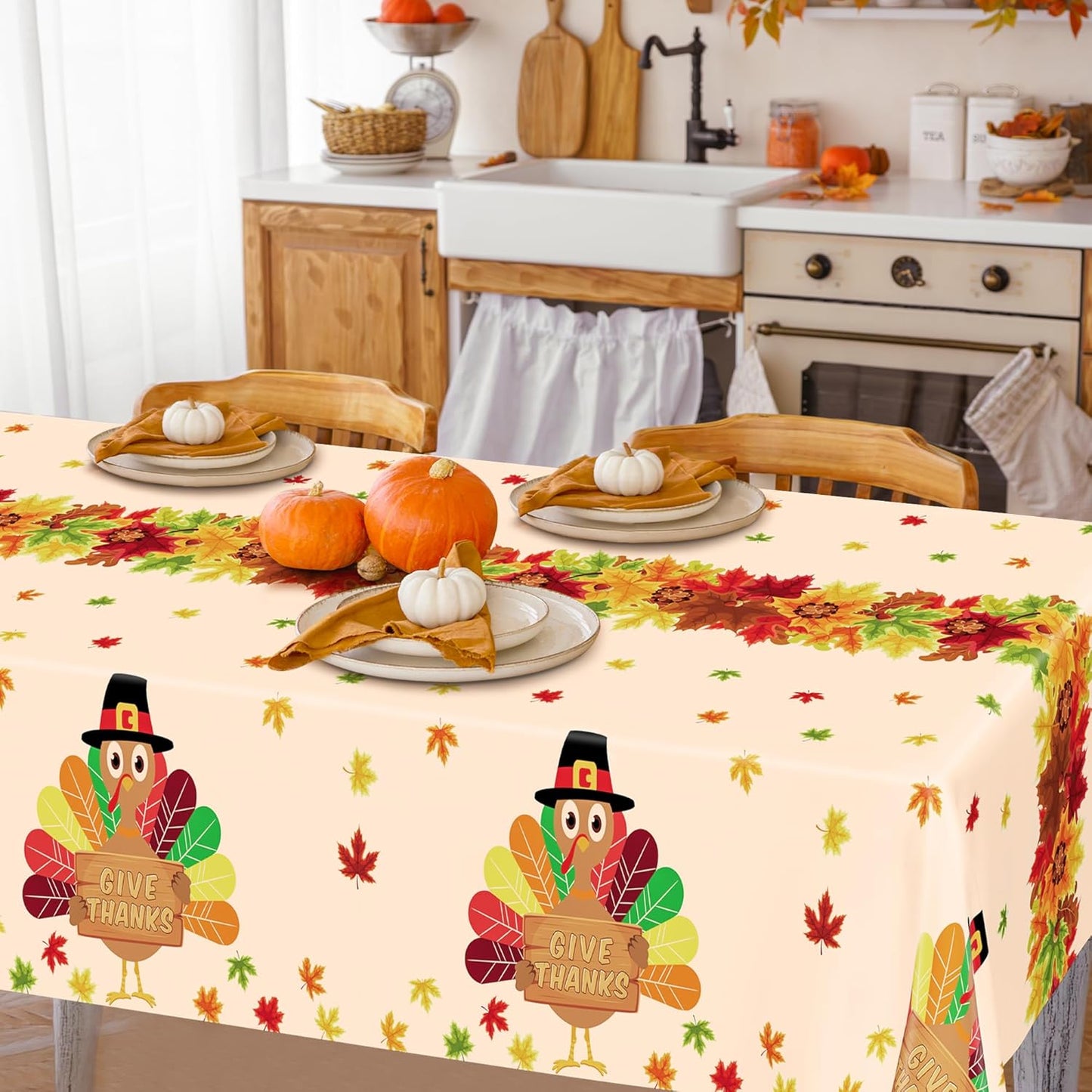6 PACK Thanksgiving Disposable Tablecloths, 54" x 108" Fall Plastic Tablecloth, Maple Leaves Turkey Table Cloth Rectangle Tablecover, Thanksgiving Table Decorations Harvest Decor Fall Party Supplies