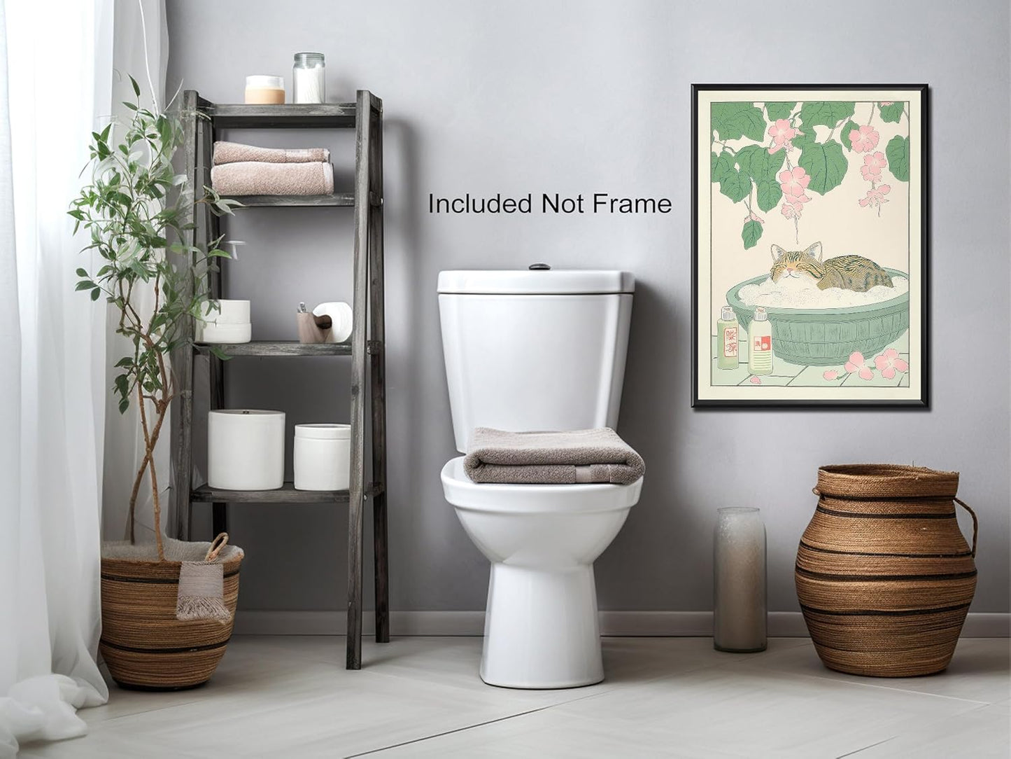 Vintage Tabby Cat in The Bathtub Posters Funny Bathroom Wall Art Cute Animal Lover Canvas Prints Japanese Aesthetic Neutral Minimalist Wall Decor for Dorm Restroom 16x24in Unframed