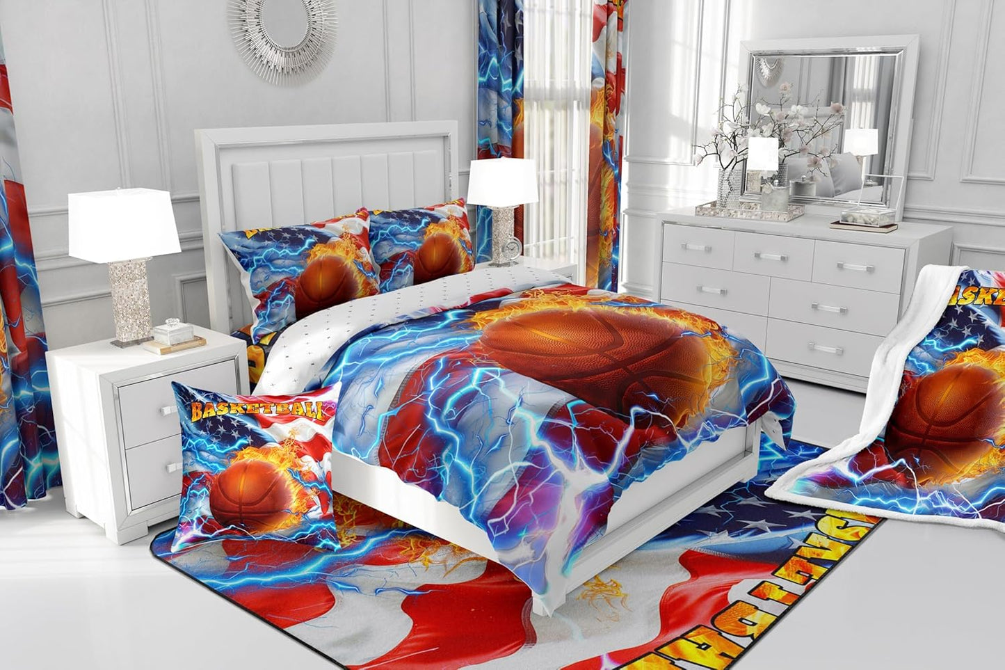 Feelyou 3D Basketball Soft Fleece Door Carpet Retro USA Flag Polyester Bath Rug for Kids Boys Girls Ball Games Sports Non Slip Bath Mat American Flag Bathroom Floor Indoor Doormat,20x32 Inch