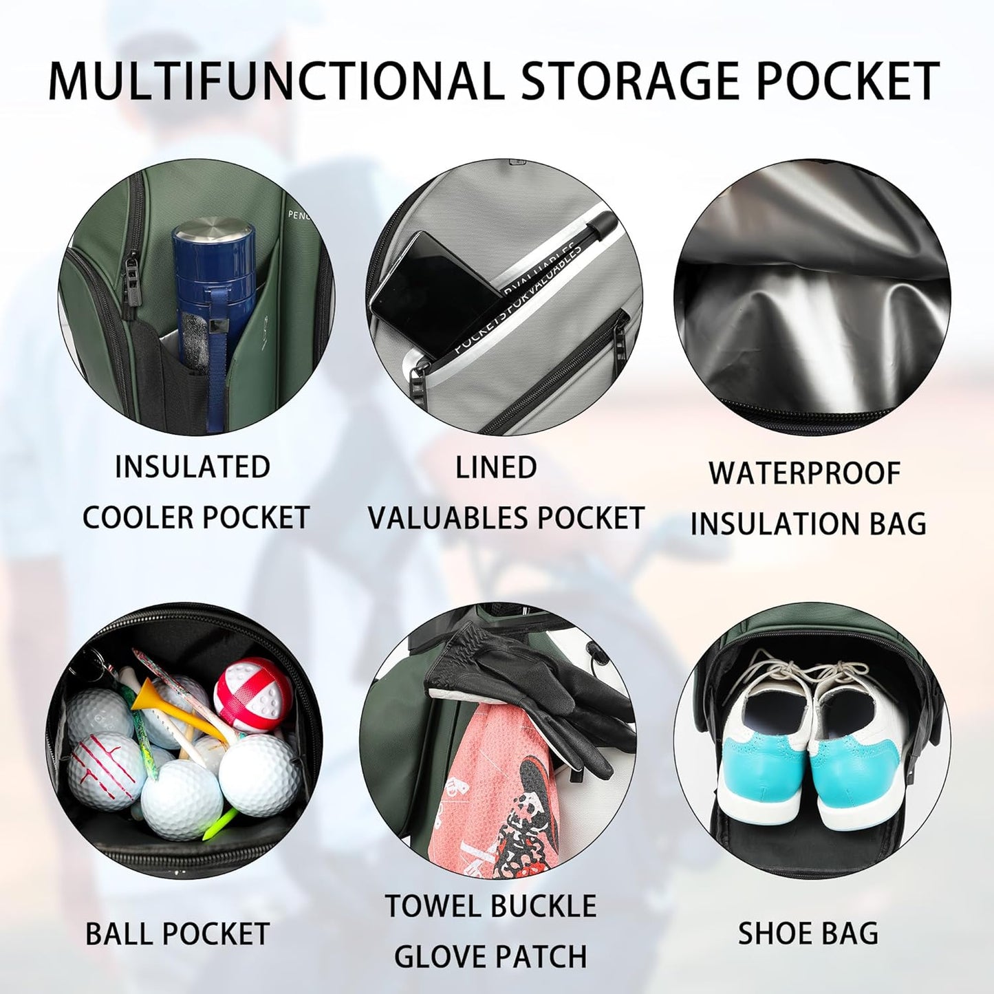 PU Leather Lightweight Men Women Blue White Black Green Golf Bag,Multiple 10 Pockets 14-Way Dividers Cooler Pouch Golf Cart Bag
