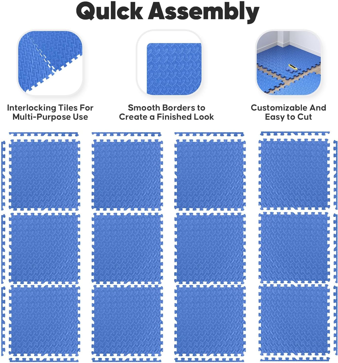 Home Gym Mat, Puzzle Exercise Mat,EVA Interlocking Foam Floor Tiles for Home Workout Equipment and Kids' Play Areas - Blue, 24 in x 24 in x ½ in - 32 Tiles (Blue, 32 Pack 128 sq ft)