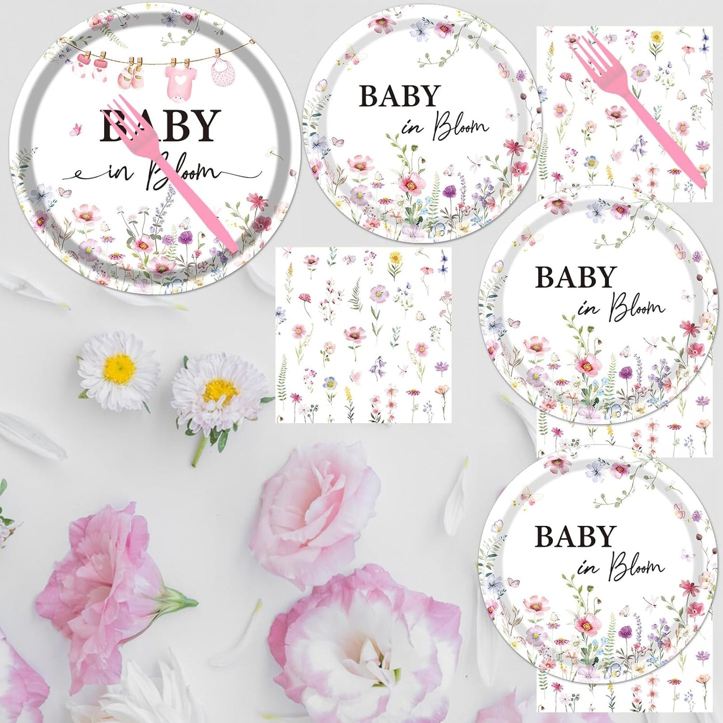 Rakuto Baby in Bloom Baby Shower Decorations Tableware Supplies, Wildflower Baby Shower Party Plates and Napkins Set, Disposable Paper Flower Dinnerware for Girls Serves 24