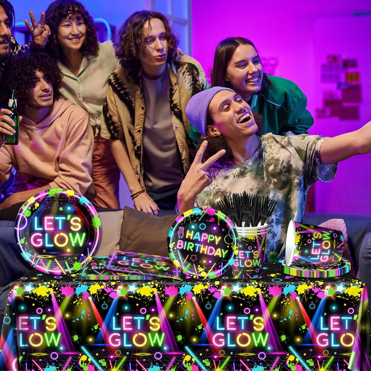 Neon Party Supplies,142Pcs Let Glow Party Decorations Including Disposable Paper Plates,Cups,Tablecloths, Glow in the Dark Theme Decoration for Birthday Baby Shower Party