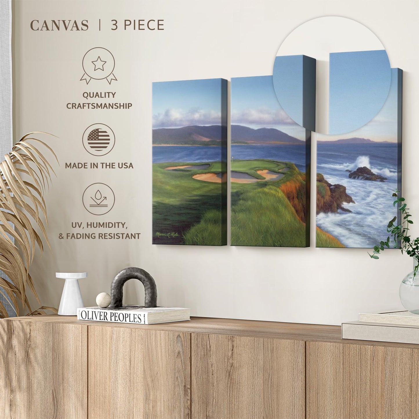 ElephantStock Pebble Beach 7th Hole Wall Art - Horizontal Canvas - 3-Piece Living Room Wall Decor - Painting Sports Canvas Print - Green and Blue Decor for Wall by Marci Rule - 23" X 14"