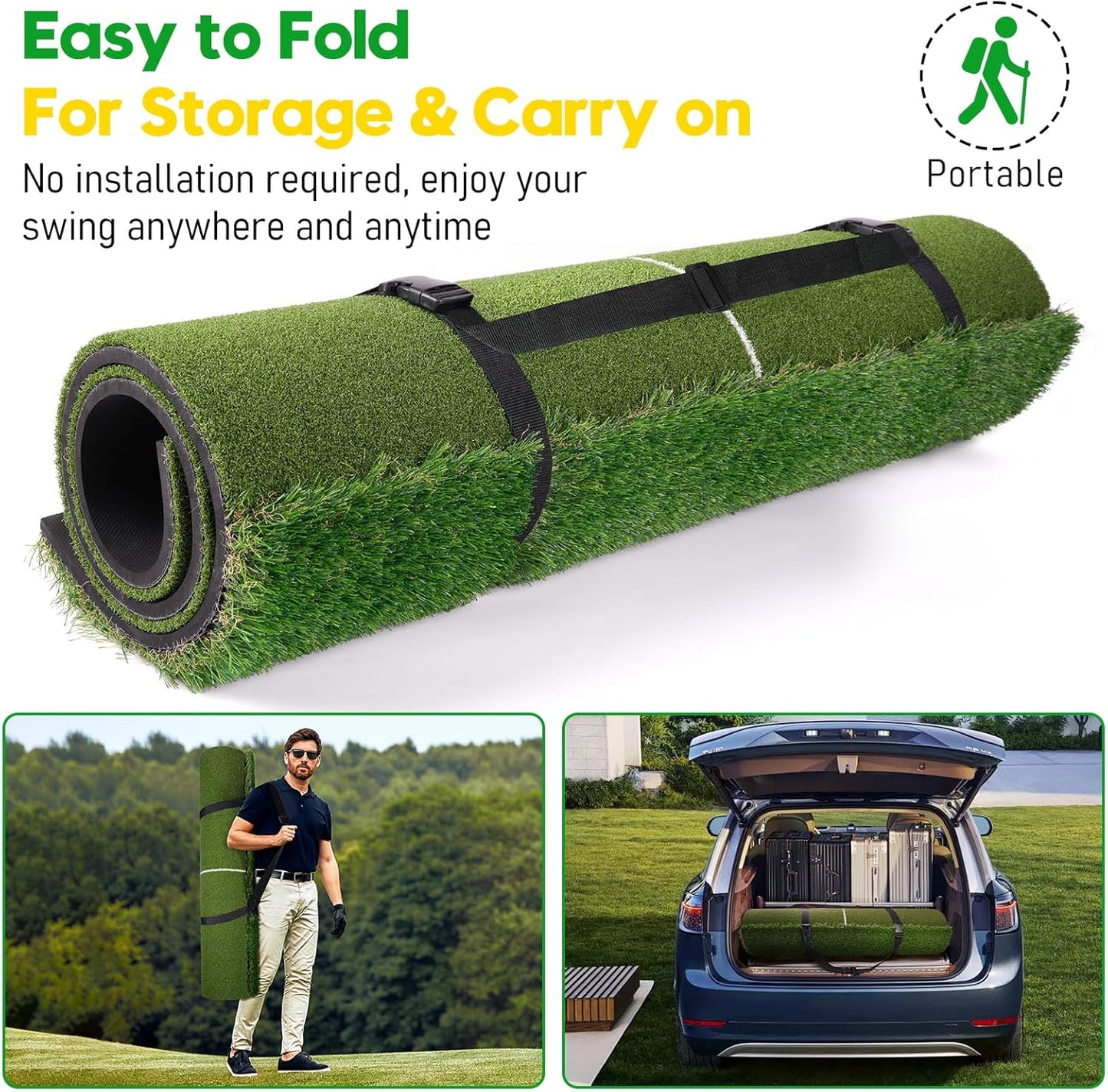 Premium Dual-Turf Golf Mat with Ball Tray, 5x4 FT Golf Hitting Mats Practice Outdoor Indoor Equipment with 10 Golf Balls, 9 Golf Tees, Golf Aid Training Swing Chipping Mat, Gifts for Men,Boy,Golfers
