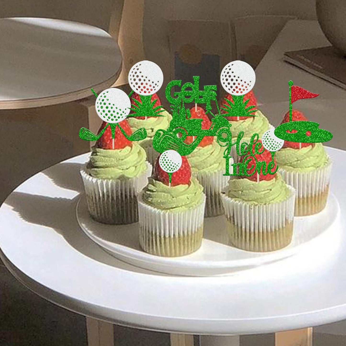 Rsstarxi 30 Pack Golf 1st Birthday Cupcake Toppers Glitter Hole in One Cupcake Picks Decoration for Boys Girls Baby Shower First Birthday Golf Party Cake Decorations Green