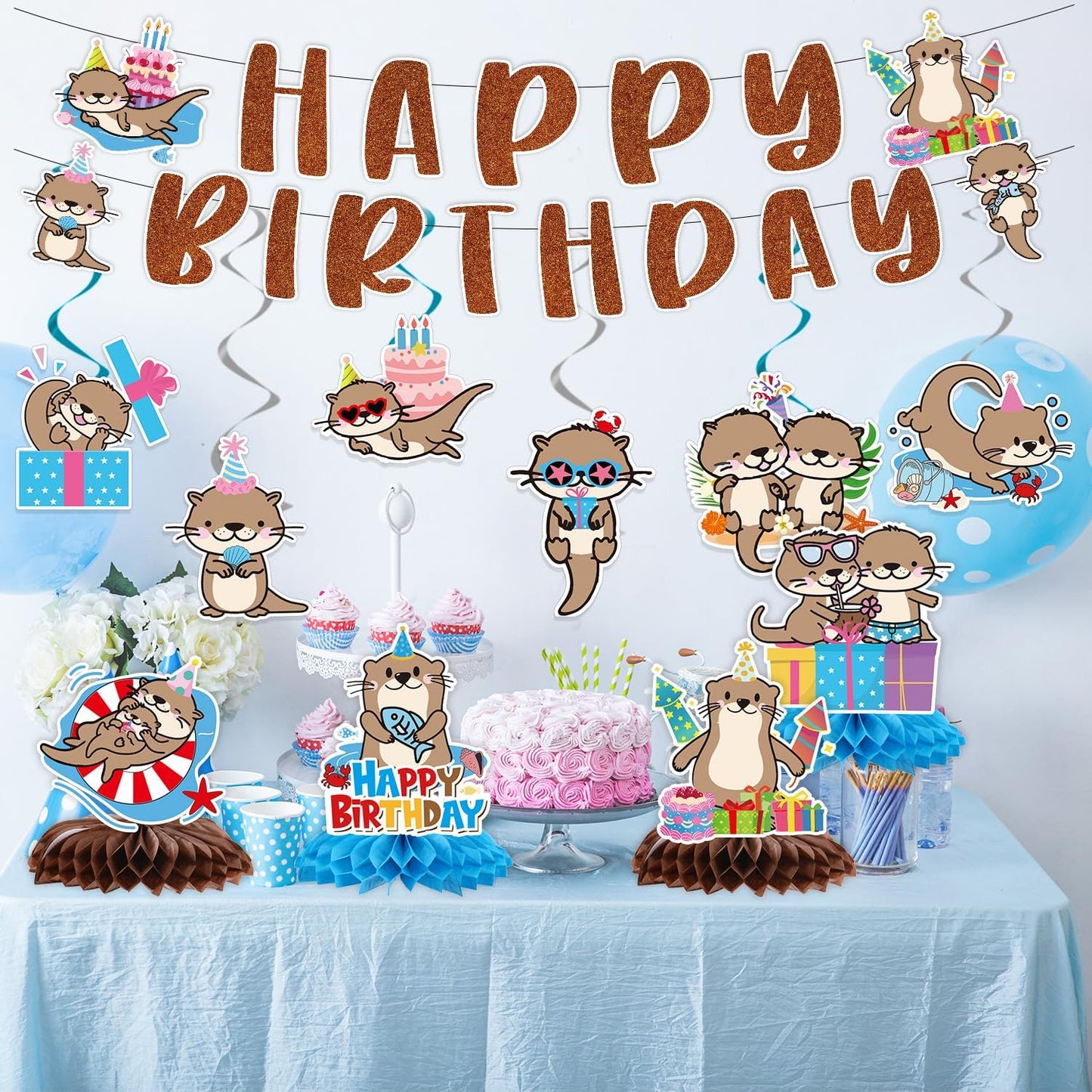 Otter Birthday Party Decorations - 12PCS Sea Otter Party Decorations Happy Birthday Banners Hanging Swirls Honeycomb Centerpieces Under the Sea Ocean Animal Themed Supplies Decor