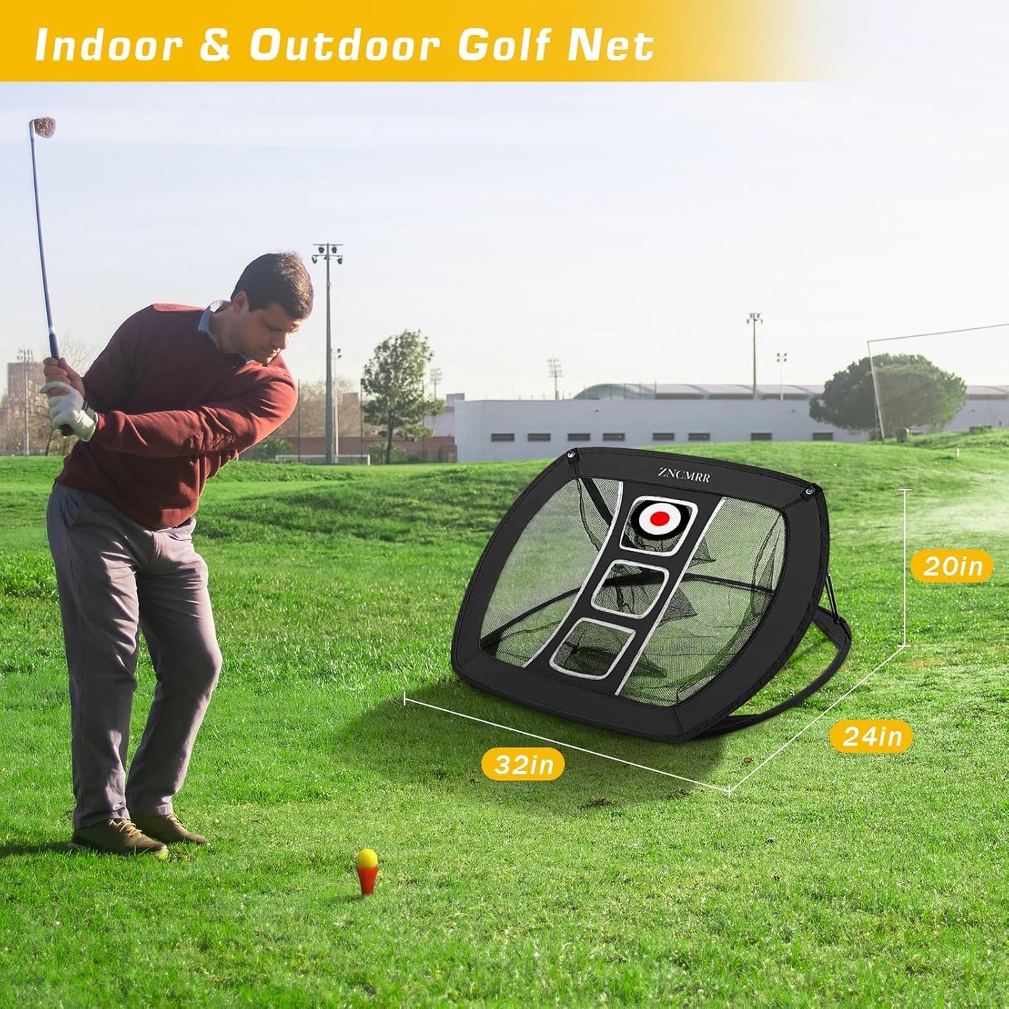 Pop Up Golf Chipping Net, Indoor/Outdoor Golfing Target Net Collapsible Portable Golf Hitting Net with 15 Training Balls and 2 Hitting Mats for Backyard Driving and Swing