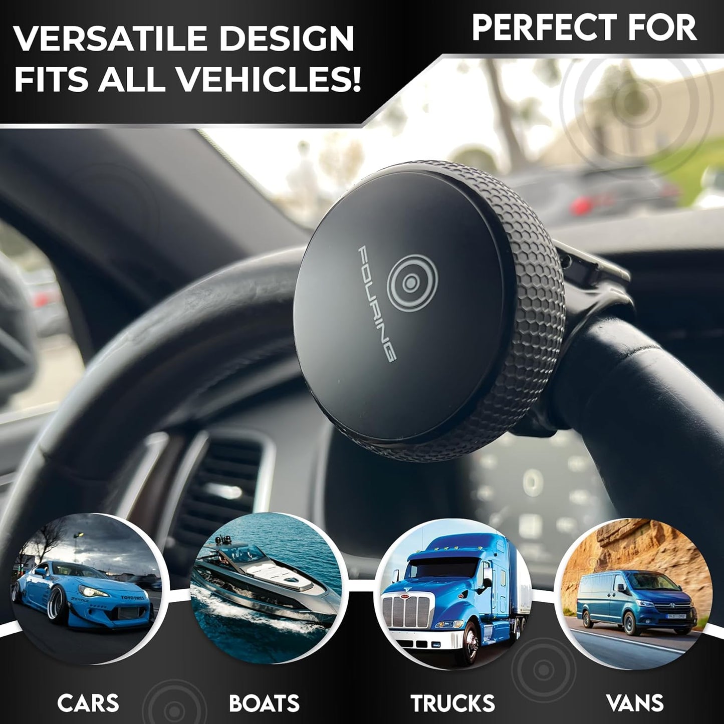 BL Steering Wheel Knob Spinner - Universal Non-Slip Fit, ABS & Premium Silicone Finish Suicide Knob with Metal Ball Bearing - Ideal for Cars, Trucks, Boats (Large- Black)