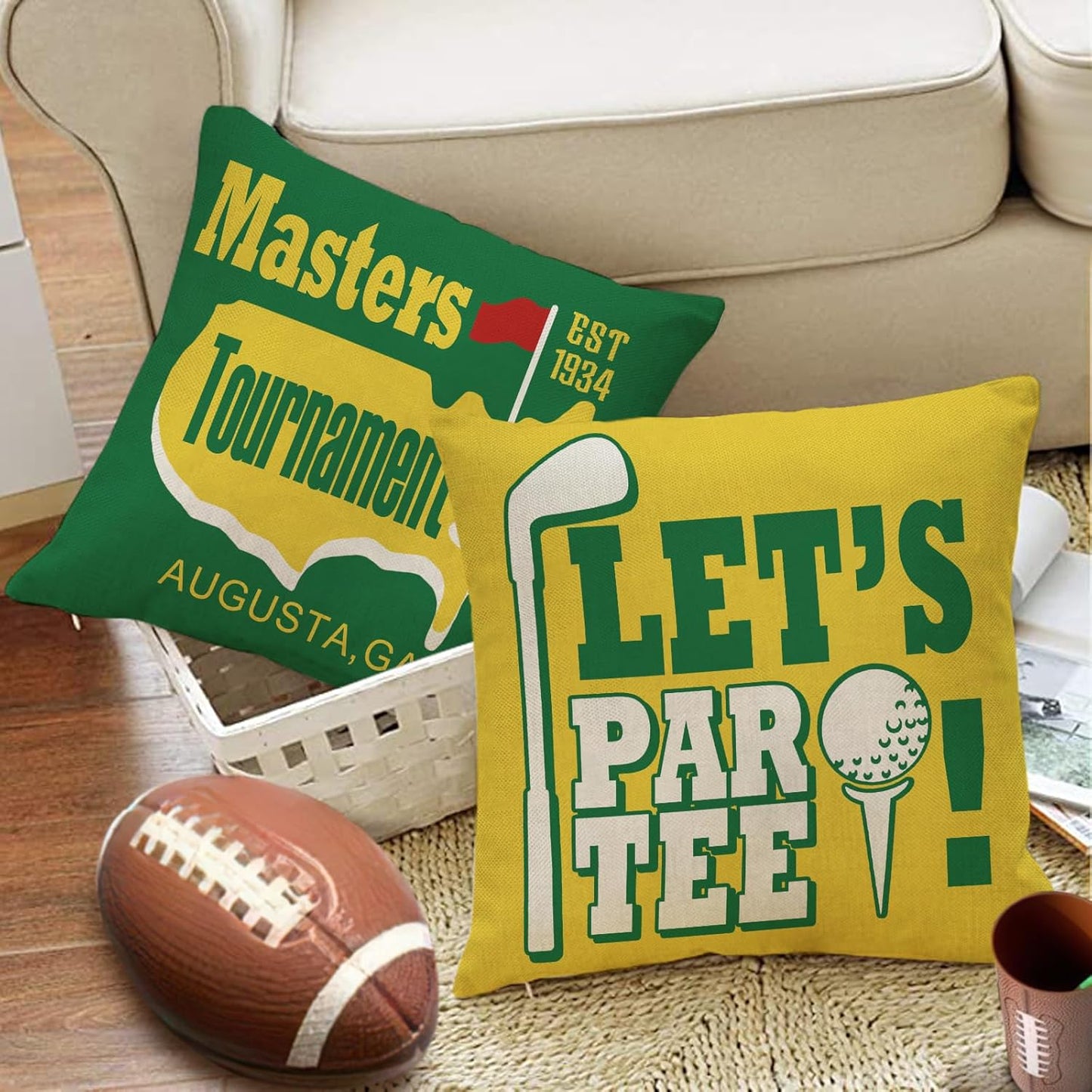 Golf Masters Tournament Decorative Throw Pillow Covers 18 x 18 Set of 4, Green Yellow Golf Roadie Cart Ball Outdoor Home Decor, Let's Par Tee Club Sports Boys Couch Cushion Case Golfer Gifts