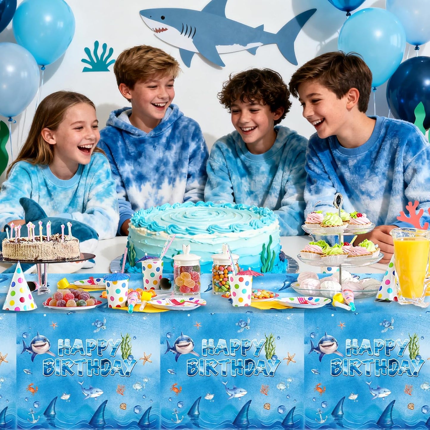 3 PCS Shark Tablecloth Party Supplies Shark Themed Birthday Party Decorations,54 x 108inch