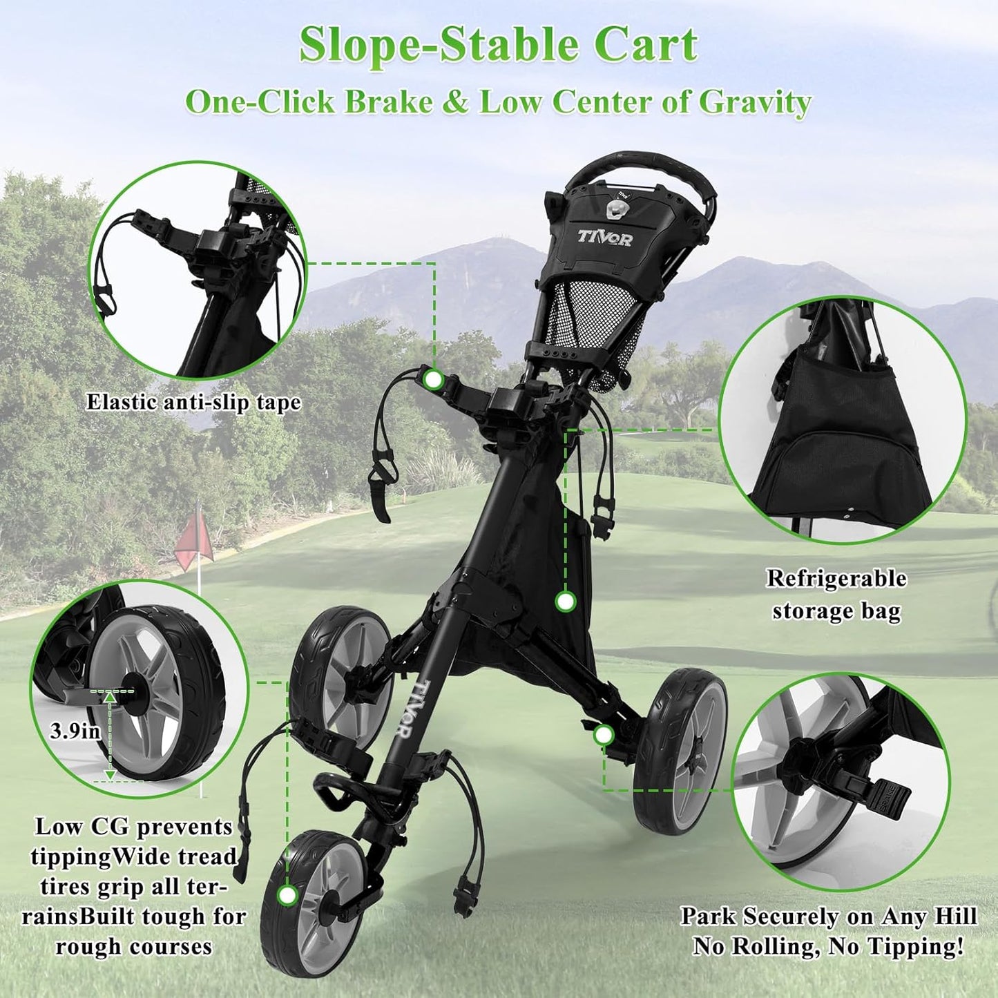 Tivor 3 Wheel Golf Push Cart, Lightweight Push Cart Golf One-Click Folding, Adjustable Height Pushcart for Golf Bags, Compact Design for Ladies, Junior Golfers