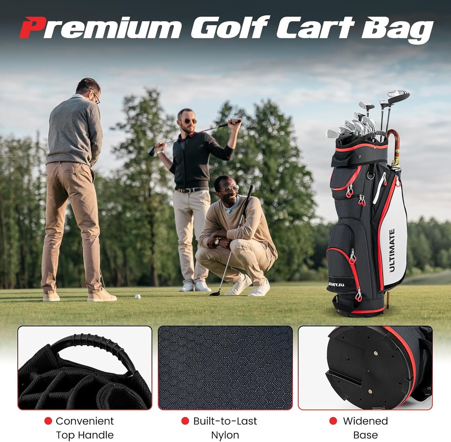 ULTIMATE Golf Cart Bag, 14 Way Top Dividers Golf Carry Bag w/Pockets & Umbrella Holder, Portable Golf Club Bag w/Soft Shoulder Strap & Rain Hood, Lightweight Golf Bag for Women & Men