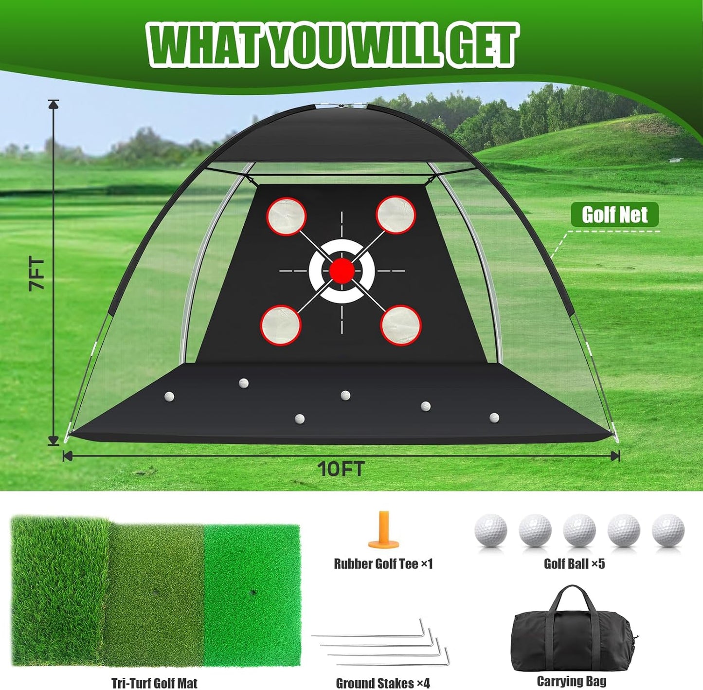 Golf Net with Practice Mat,Golf Hitting Aid Nets 10x7FT for Backyard Driving Chipping Training Swing,Gifts for Men Dad Him and Golfer
