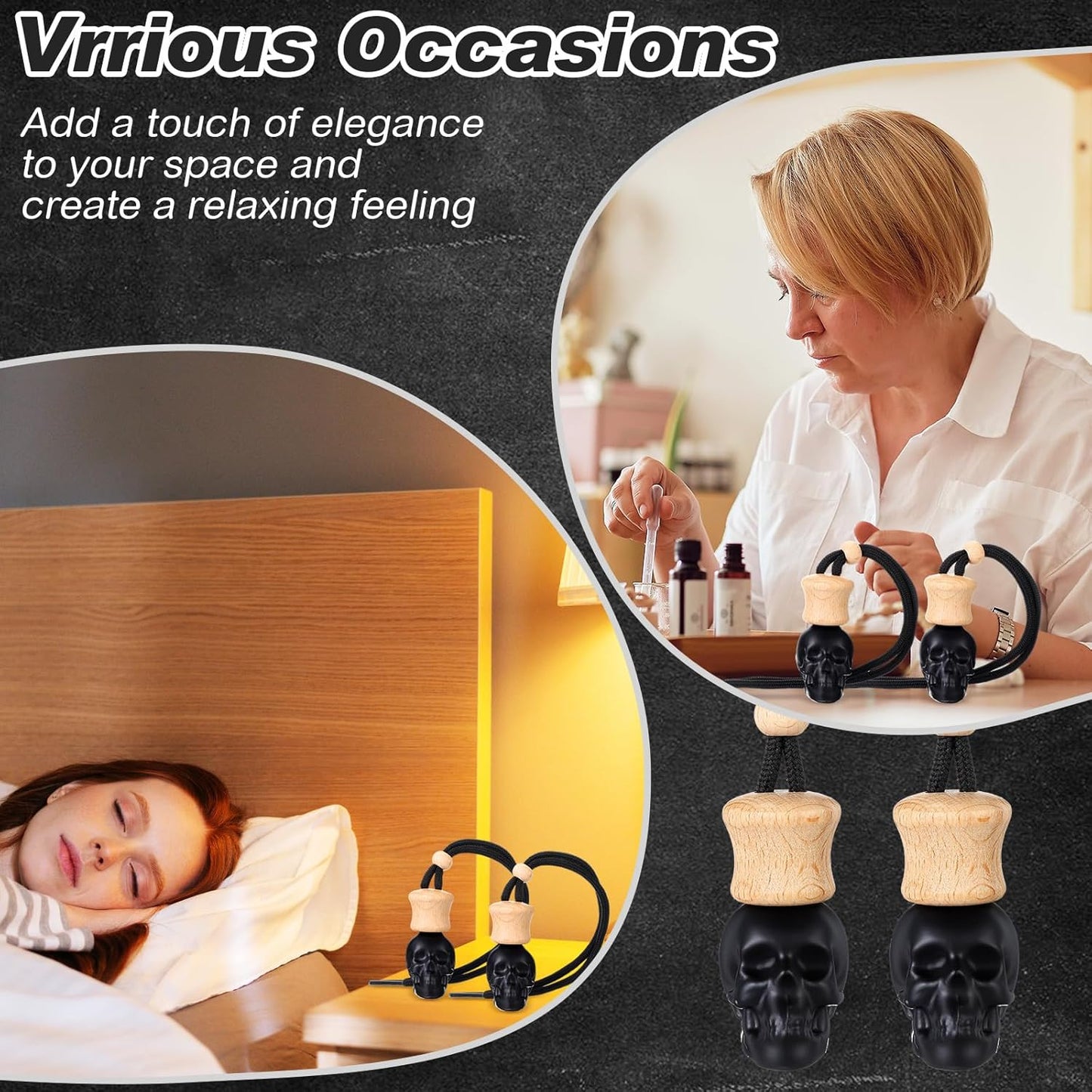 BBTO 50 Pcs Hanging Car Air Freshener Black Car Diffuser Bottles Empty Glass Perfume Bottle Freshener Diffuser Bottle Pendant for Essential Oil Fragrance Aromatherapy Bottle Ornament (Skull Head)