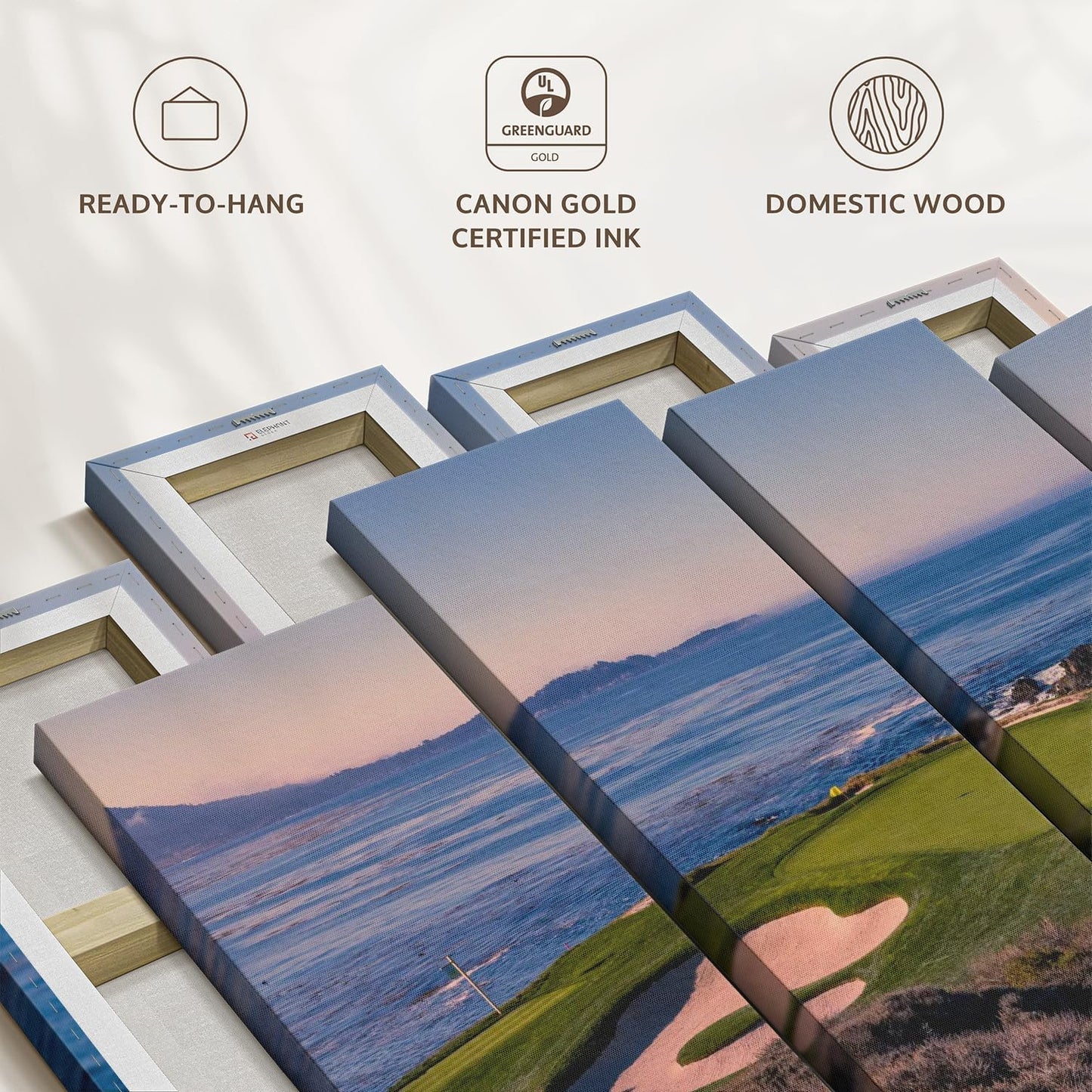 Elephant Stock Pebble Beach Golf Club Wall Art - Horizontal Canvas - 4-Piece Living Room Wall Decor - Luxury Photography Canvas Print - Beige and Blue Decor for Wall - 75" X 48"