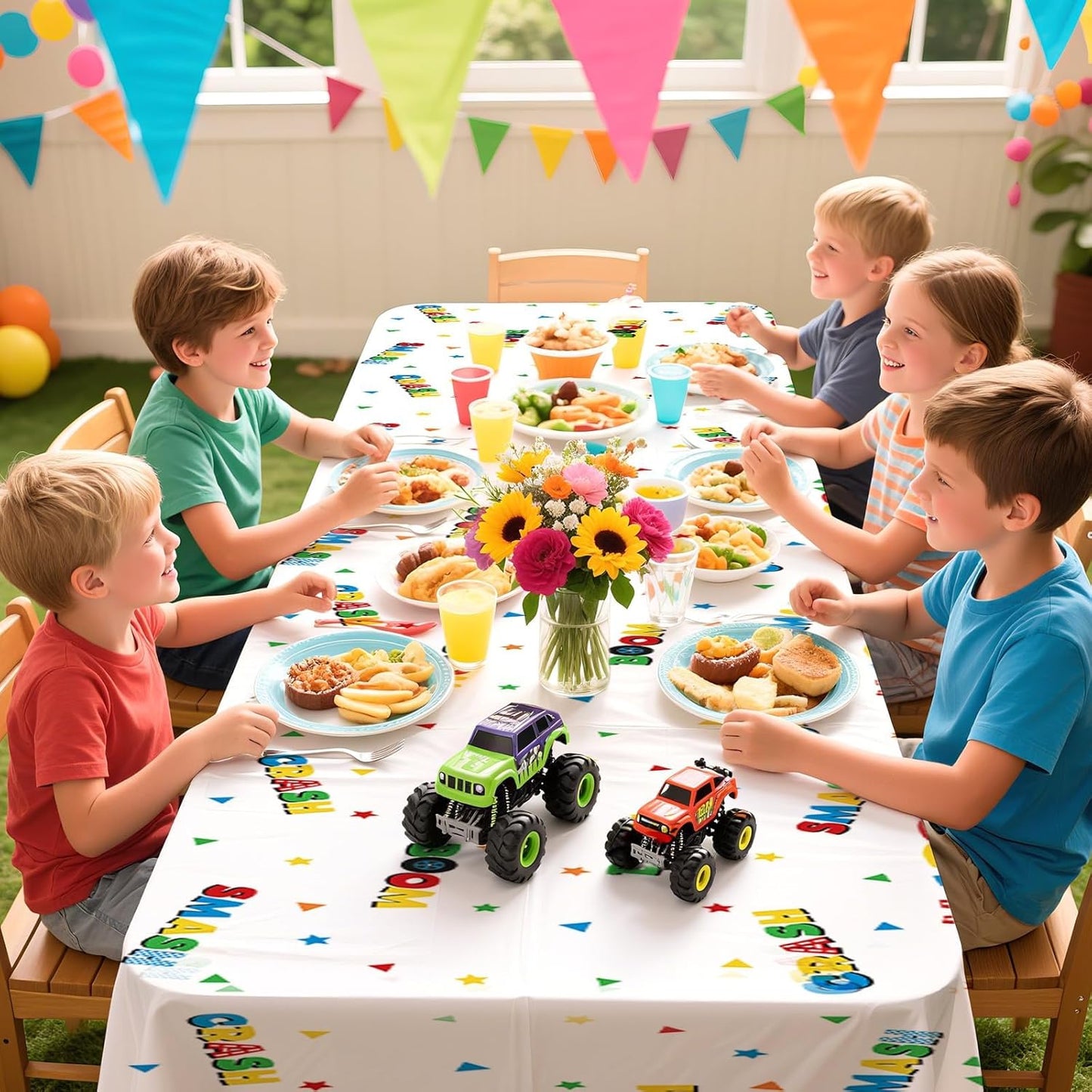 3Pcs Monster Theme Truck Birthday Tablecloth Monster Theme Jam Party Table Cover Plastic Rectangle Checkered Table Cloth Construction Truck Decorations for Kids Boys Birthday Party Supplies 54" x 108"