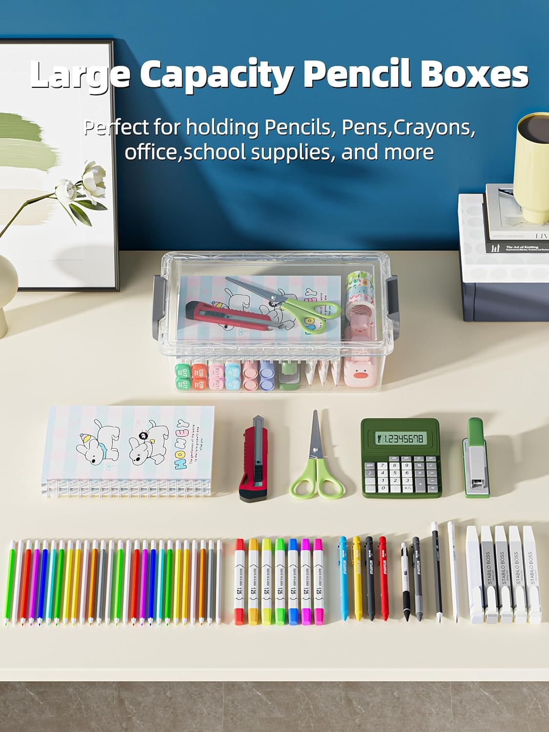 4 Pack Extra Large Pencil Box, Plastic Pencil Case Organizer, Clear Crayon Box Marker Organizer, Stackable Craft Organizers and Storage for Pen, Craft, Art Supply(Grey)