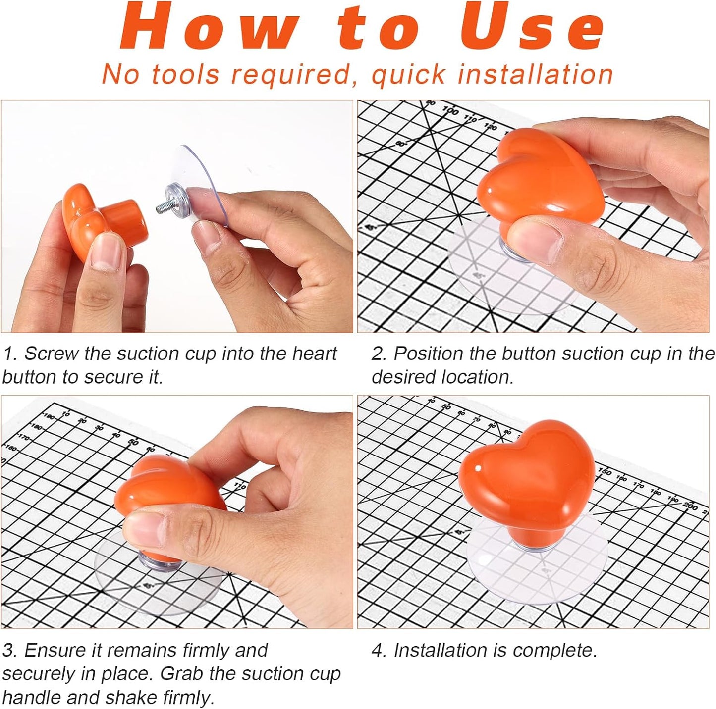 Sinbana 2 Pcs Ruler Suction Cup Knob Grips, Orange Heart Shape Quilting Ruler Grip Handle Small Suction Cup Knob for Quilting Sewing Drafting Rulers and Templates