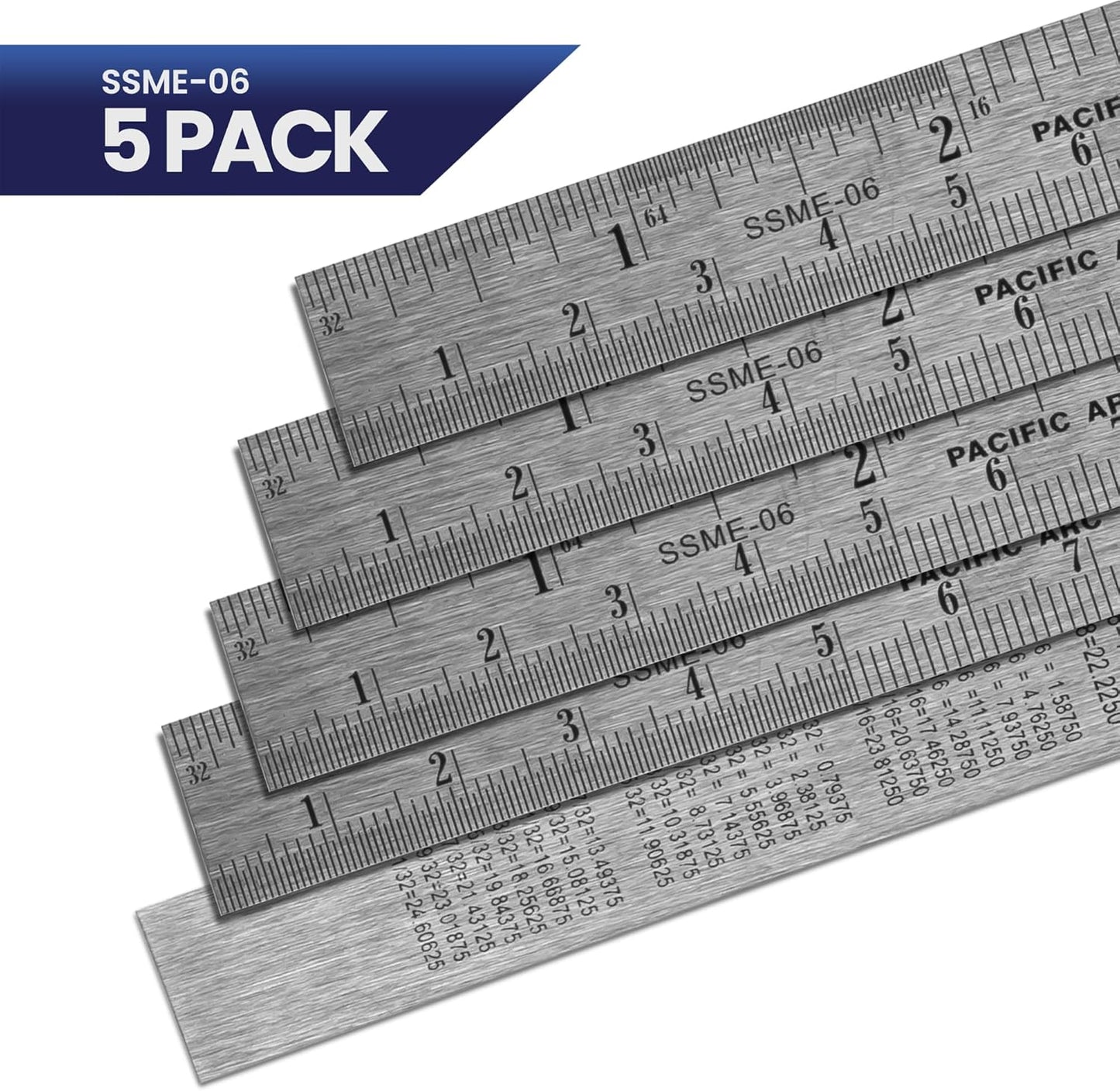 5 Pack | Pacific Arc, 6 Inch Stainless Steel Ruler with Inch/Metric Conversion Table.