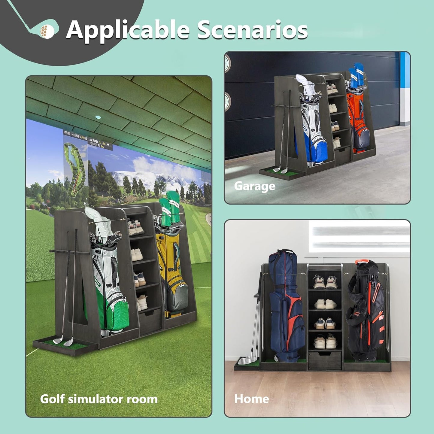 Wooden Golf Bag Organizer and Storage Rack, Wooden 2 Golf Bag Rack with Drawers, Easy to Assemble Golf Club Holder/Stand with Club Holders on Side