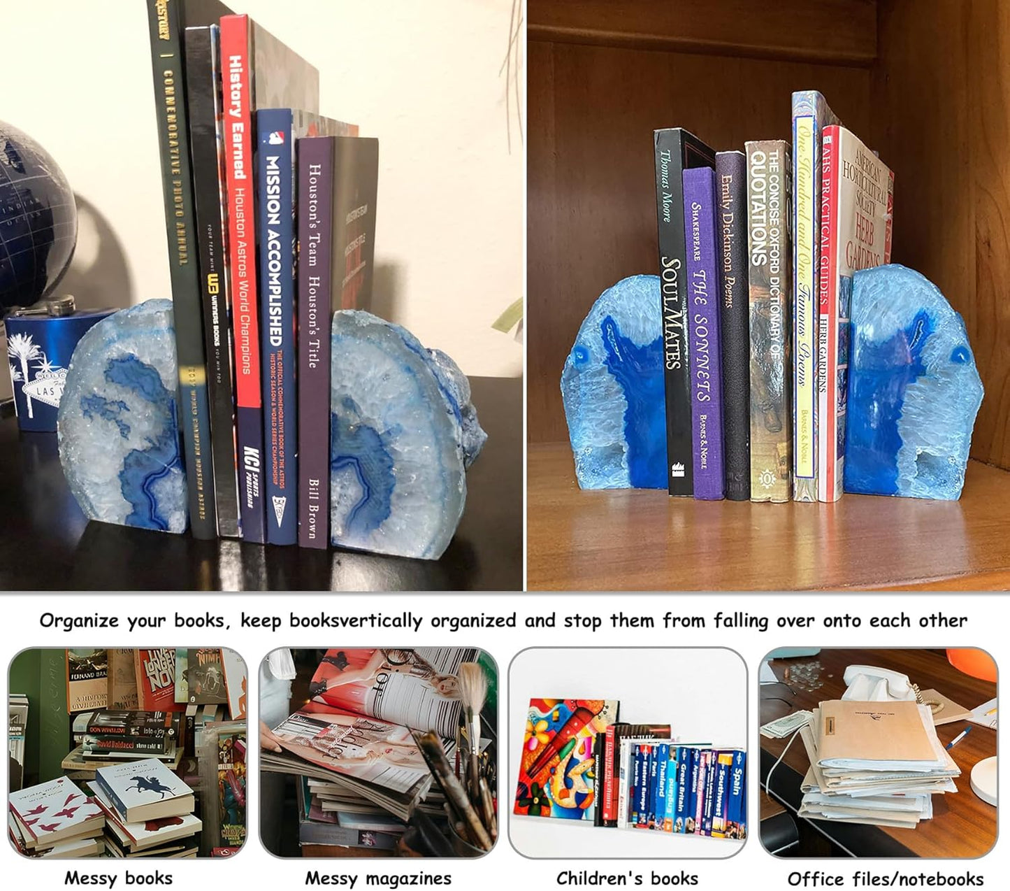 AMOYSTONE Blue Agate Stone Bookends, Heavy Sturdy Bookends for Heavy Books, Rock Crystal Book Holder, 6-8 LBS, Decorative Bookends for Home Office Desk, Perfect Housewarming Gift