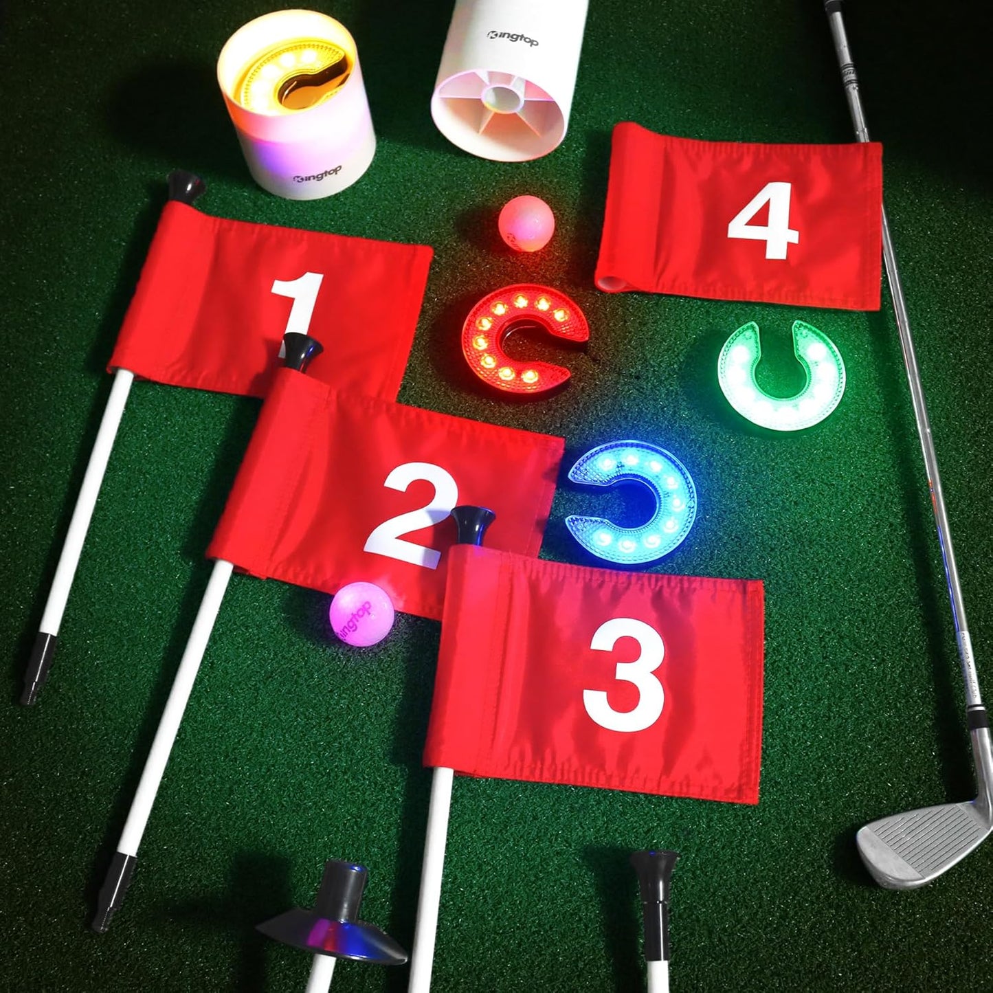 KINGTOP Mini Golf Flagstick with RGB Hole Light, Practice Putting Green Flags for Yard, Golf Pin Flag Hole Cup Set, Light Up Night Golf Party