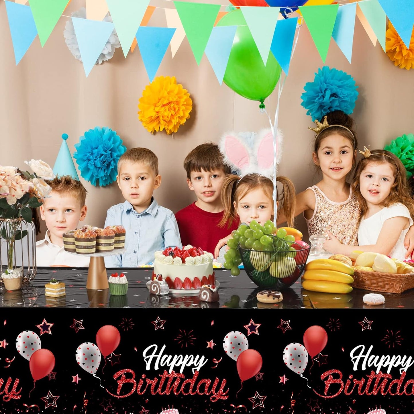 Breling 3 Pack Birthday Party Supplies Confetti Sprinkles Happy Birthday Tablecloths Starry Table Covers for Kids Adults Party Decorations, 54 x 108 Inches (Red and Black)