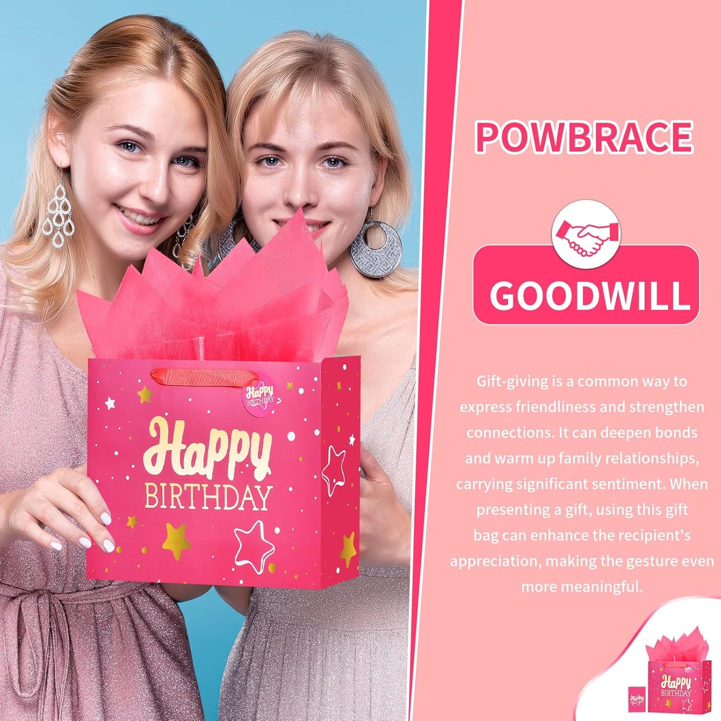 13" Pink Happy Birthday Gift Bag with Tissue Paper and Greeting Card for Party,Happy Birthday Gift Bag for Men Women,Gift Bags Medium size(2 PCS Pink Hot Stamping)
