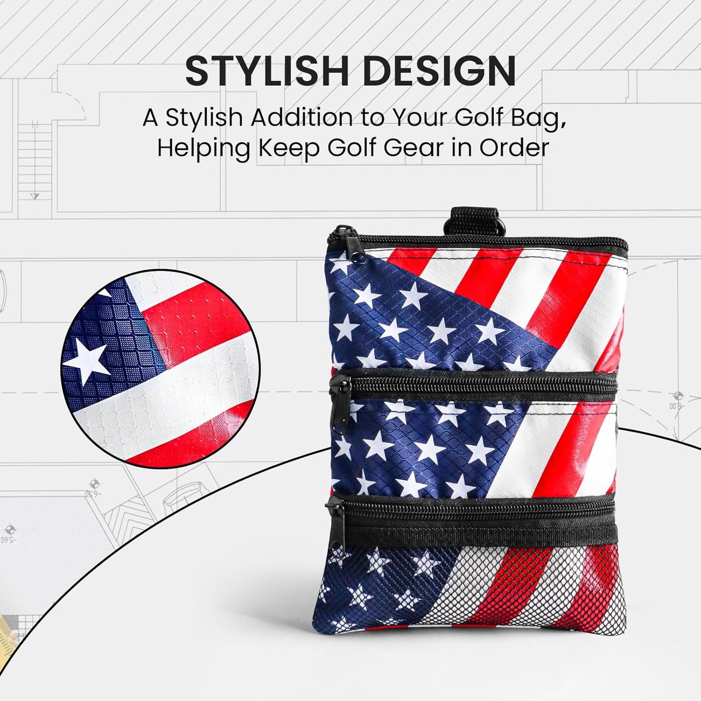 Golf Bag Accessories Valuables Pouch Bags Multi Pocket Zipper Hook with 10 Pcs Wood Golf Tees for Men Women