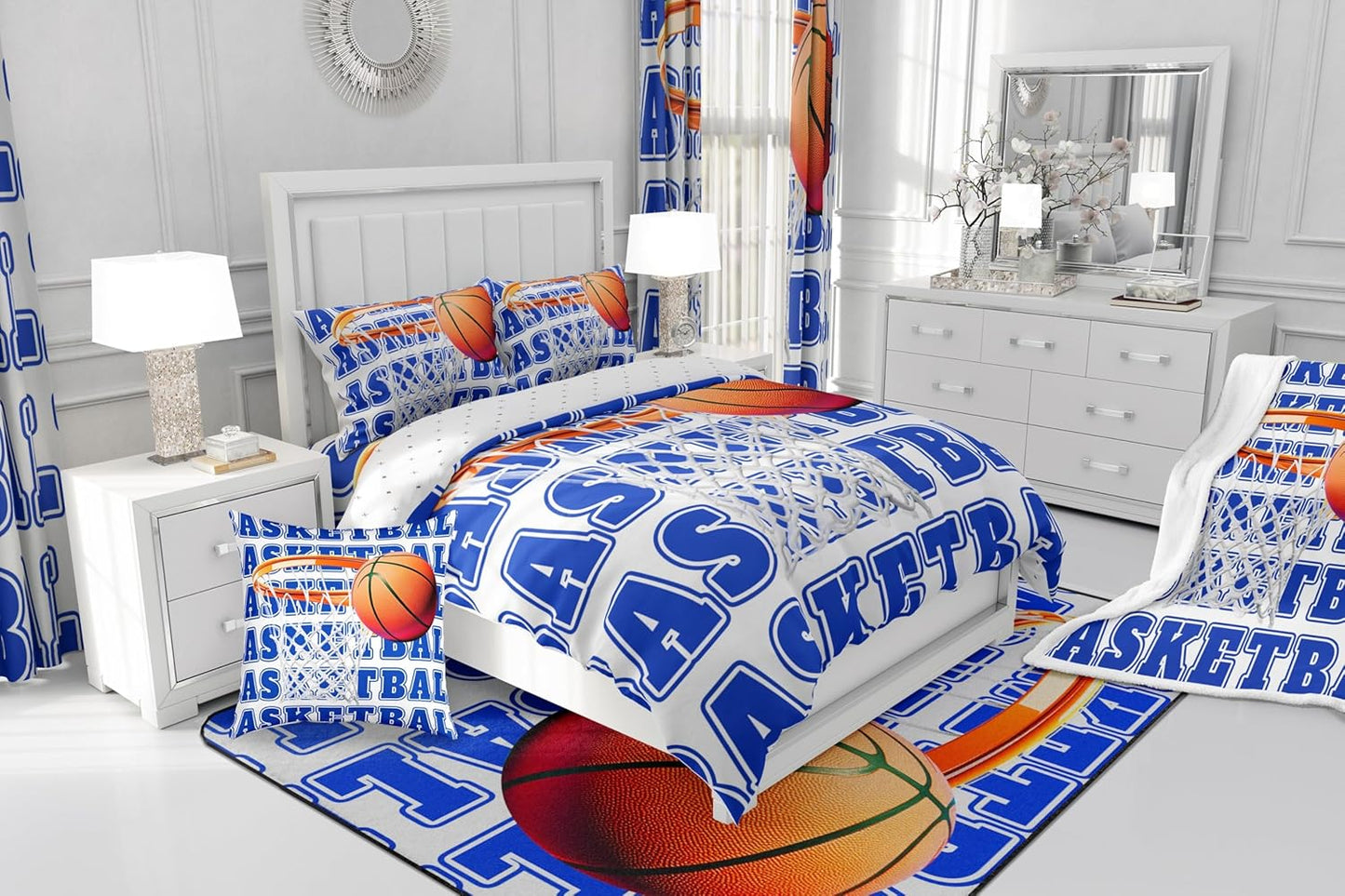 Feelyou Basketball Polyester Bath Rug Blue White Soft Fleece Door Carpet for Kids Boys Girls Orange Basketball Print Non Slip Bath Mat Ball Game Bathroom Floor Indoor Doormat,16x24 Inch