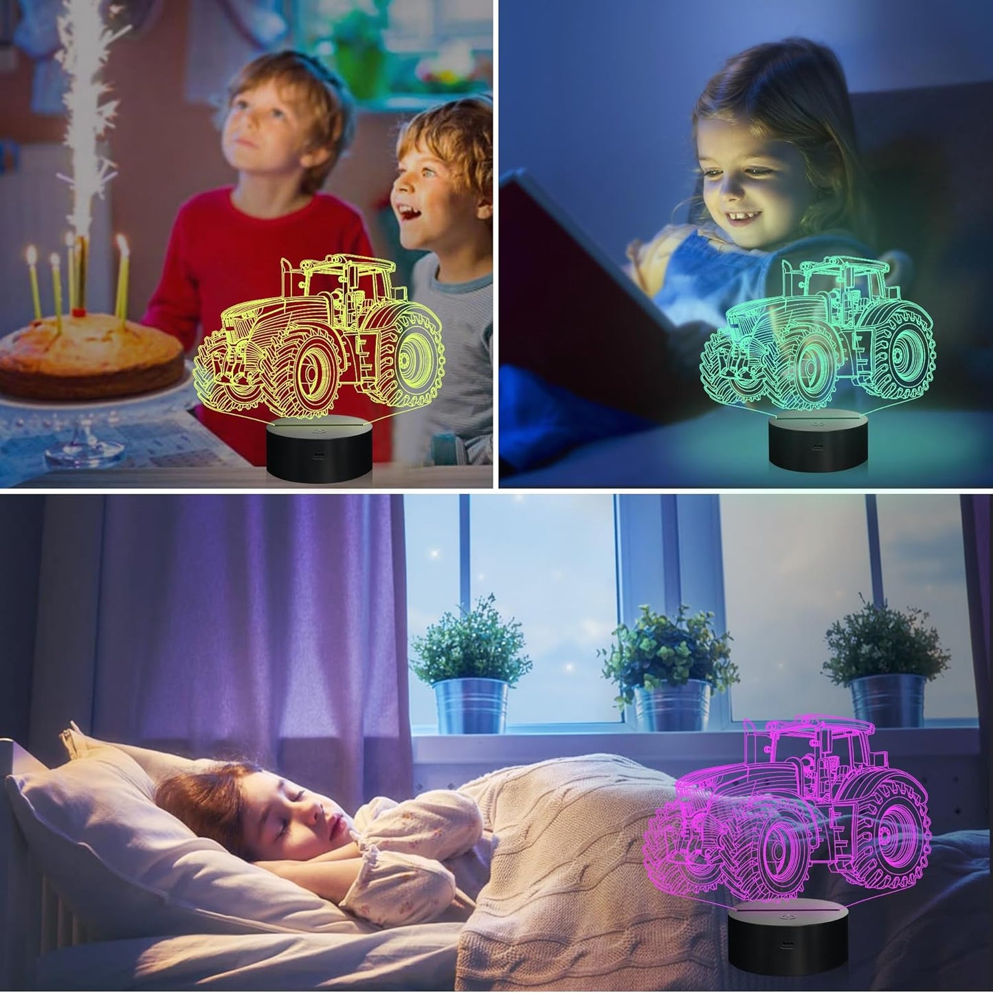 Attivolife Tractor 3D Illusion Night Lamp, 16 Color Changing Dimmable Hologram Lighting, Timer Toy USB Charge Table Desk Bedroom Decoration Creative Gift for Kid Boy with Remote Control