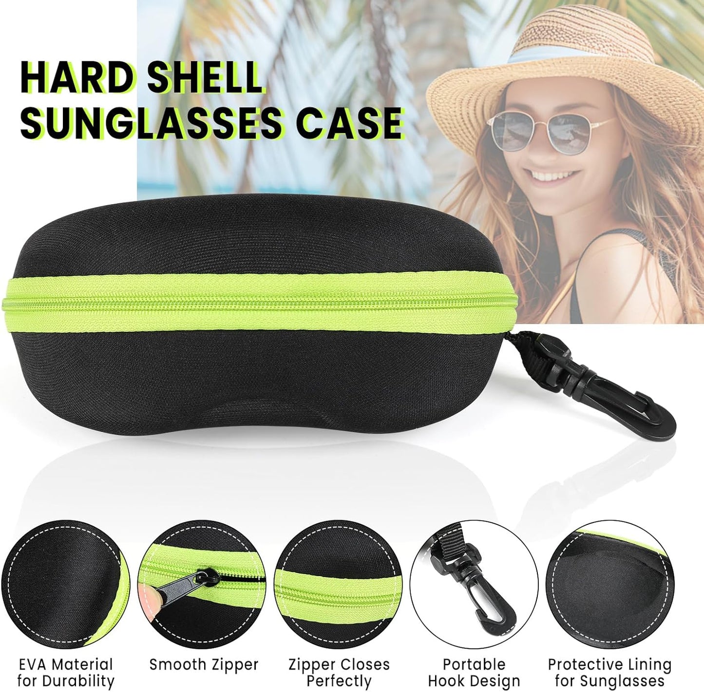 INNOLIFE Zipper Hard Shell Sunglasses Cases, Portable Travel Eyeglasses Cases with Plastic Hook for Men Women