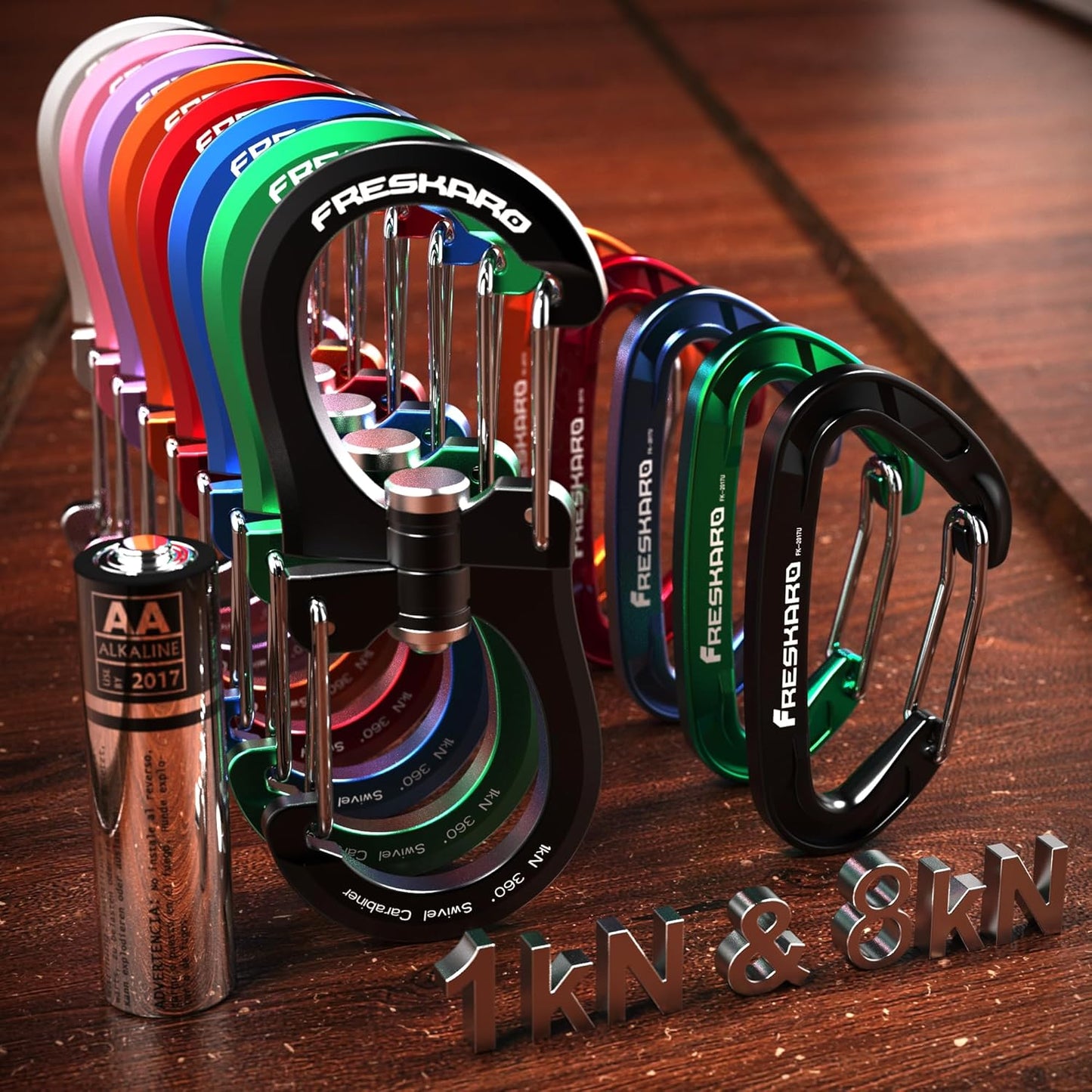 FresKaro 1kN Double-Ended Wiregate Carabiner Clip, Patented Design, Reversible 360 Spin, Lightweight Utility Hook for Hiking, Camping, Fishing, Birdfeeders, Keychain, Not for Climbing