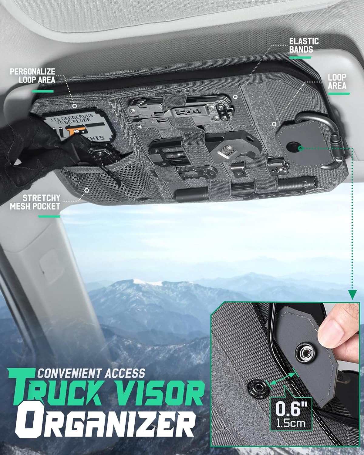 LIVANS Tactical Car Sun Visor Organizer, Automotive Semi-Rigid MOLLE Panel with Zipper Storage Pouch & Glasses Clip, Universal Fit for Trucks, SUVs, Jeeps & Patrol Vehicles (Gray)