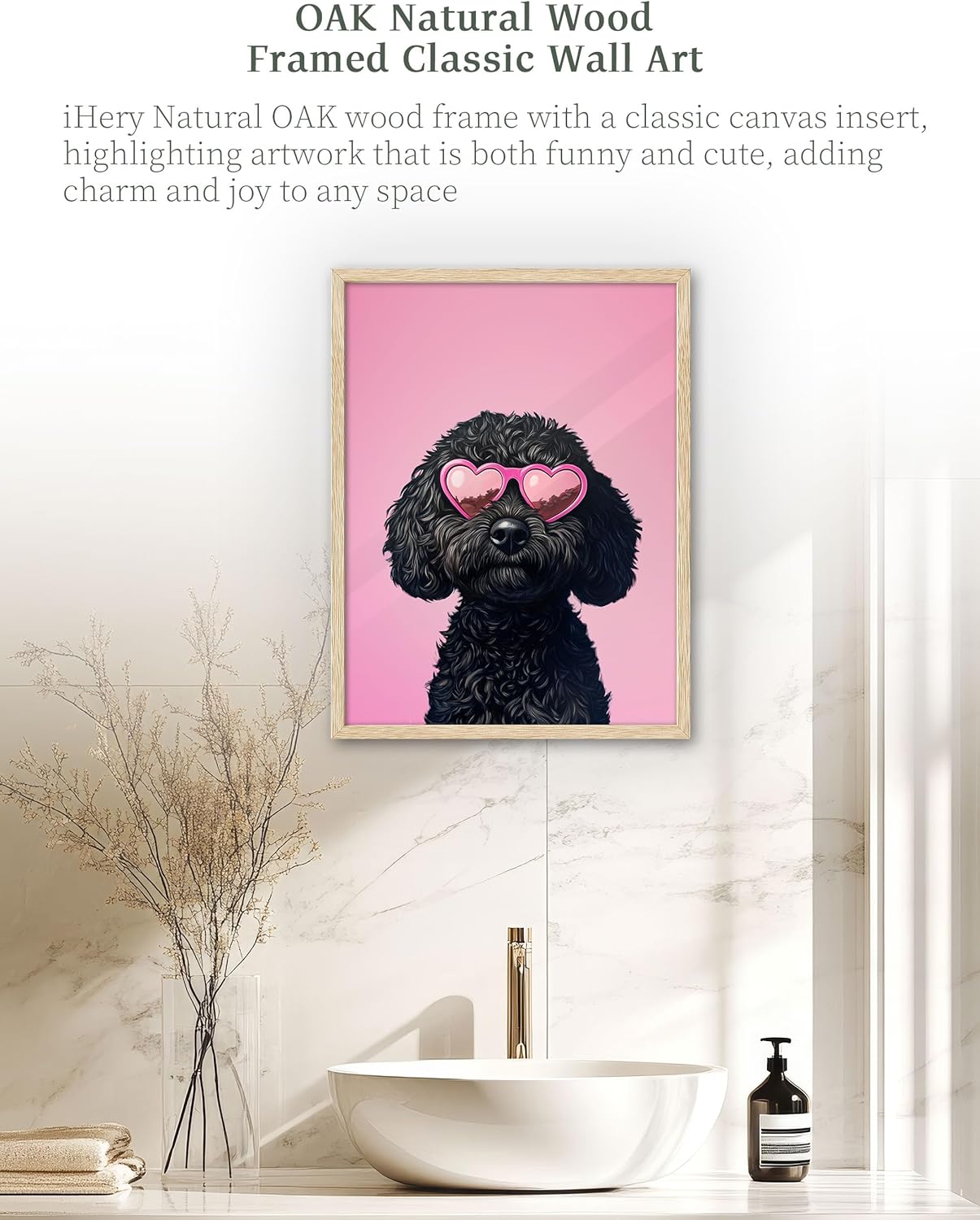 iHery Natural OAK Wood Pink Corgi Dog Framed Wall Art, 12x16in Funky Preppy Heart-Shaped Glasses Canvas Wall Art Decor For Bedroom, Cute Welsh Dog Prints Apartment Bathroom Living Room Set of 1