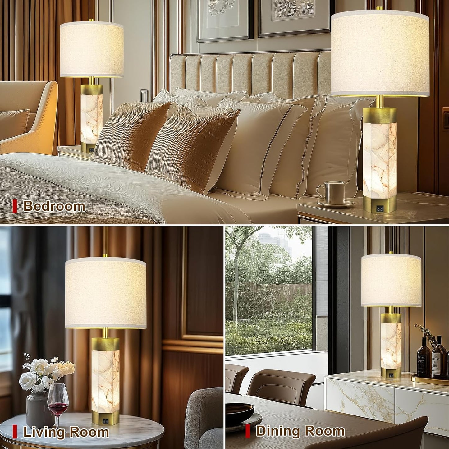 Natural Alabaster Table Lamps Set of 2,Table Lamp with Night Light for Living Room,Nightstand Lamp with USB Ports,Bedside Lamp with Linen Fabric Shade for Bedroom,Living Room,Office,Bar(Bulb Included)