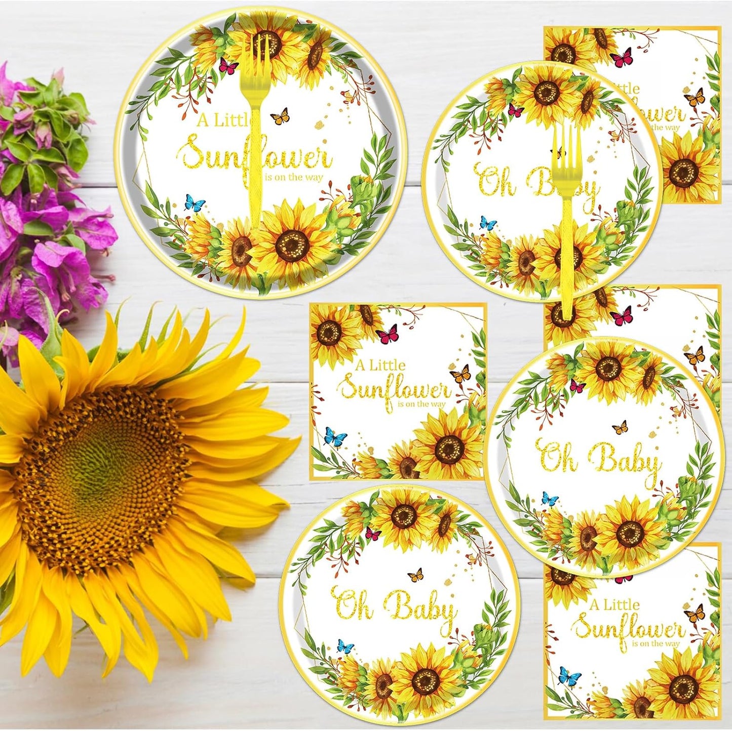 Rakuto Sunflower Baby Shower Decorations Supplies, 96PCS Disposable Paper Party Plates and Napkins Set, A little Sunflower is on the Way Tableware for Party Serves 24