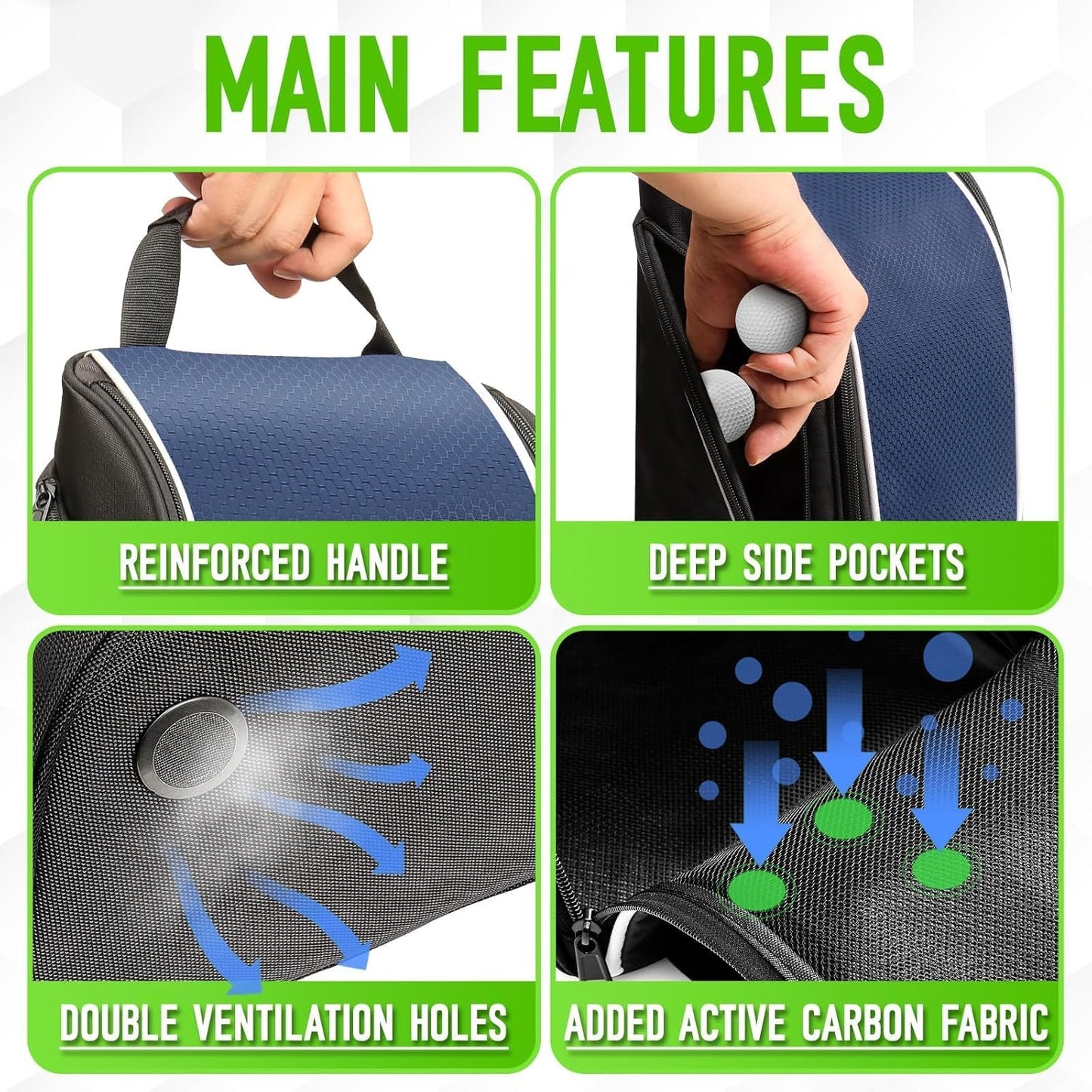 Smell Proof Shoe Cleat Bag for Travel Men - Golf Soccer Zippered Sport Shoe Carrier Bags with Ventilation & Side Pockets for Socks, Tees, Golf Balls; Golf Accessories Fathers Dad Day Gifts for Men