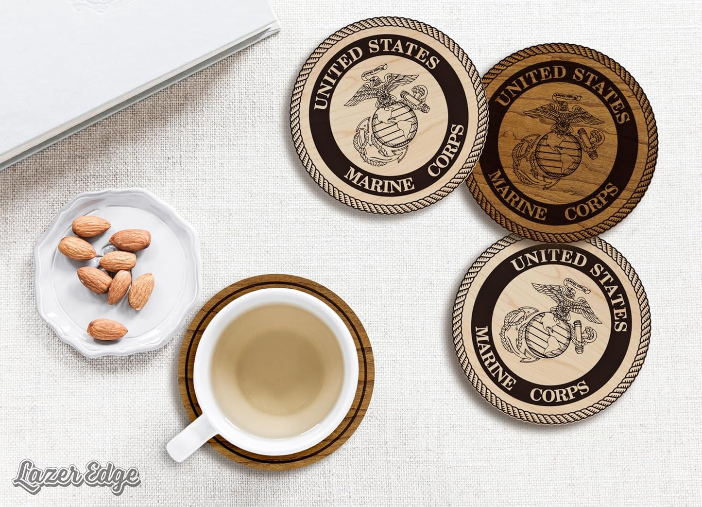 LazerEdge U.S. Marines Wooden Coaster Set โ Cherry Wood โ Handcrafted Collectible 4-Pack | Made in USA | Officially Licensed Product (Marines)