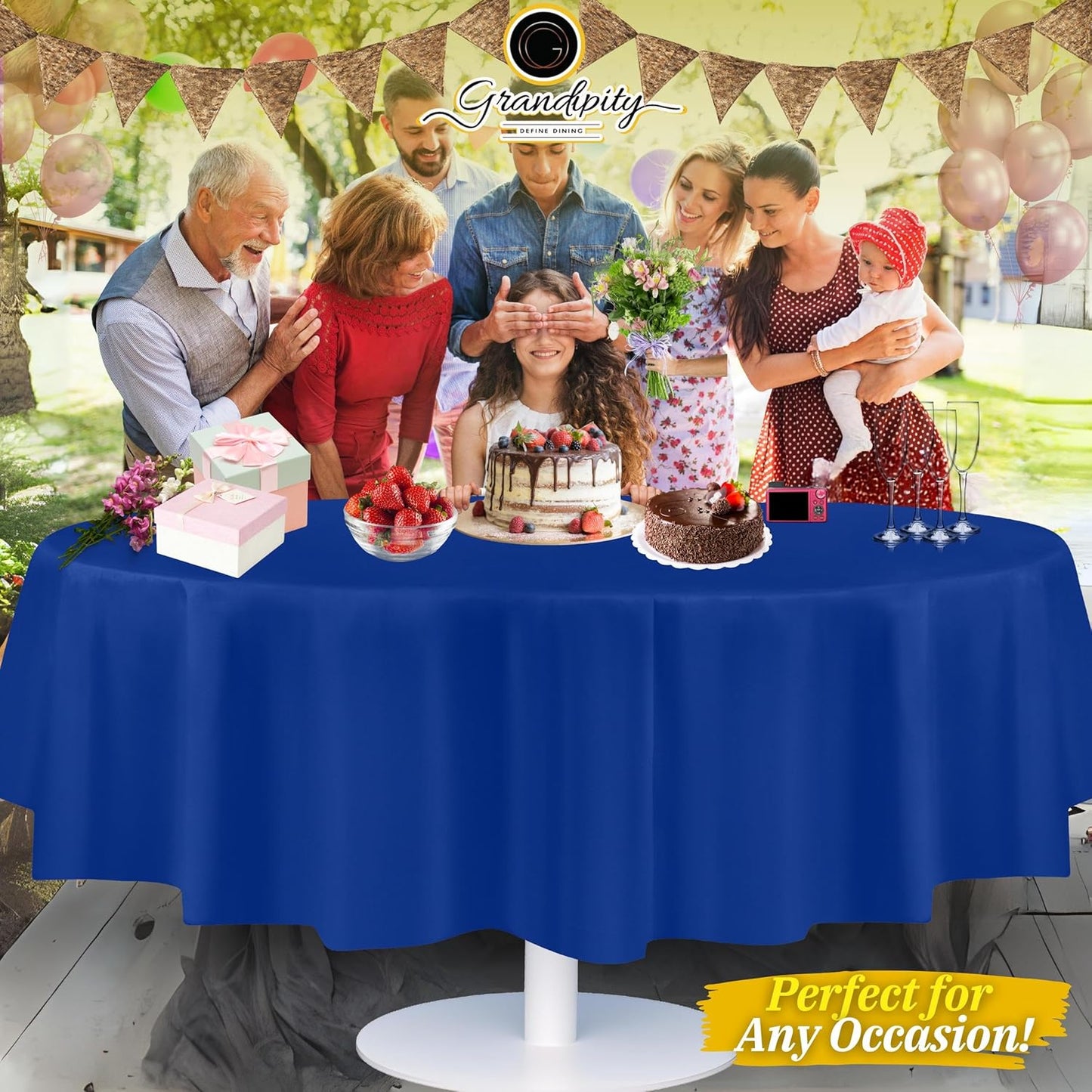 Grandipity 12 Pack Premium Disposable Plastic Tablecloth 84" Inch Decorative Round Table Cover - Blue