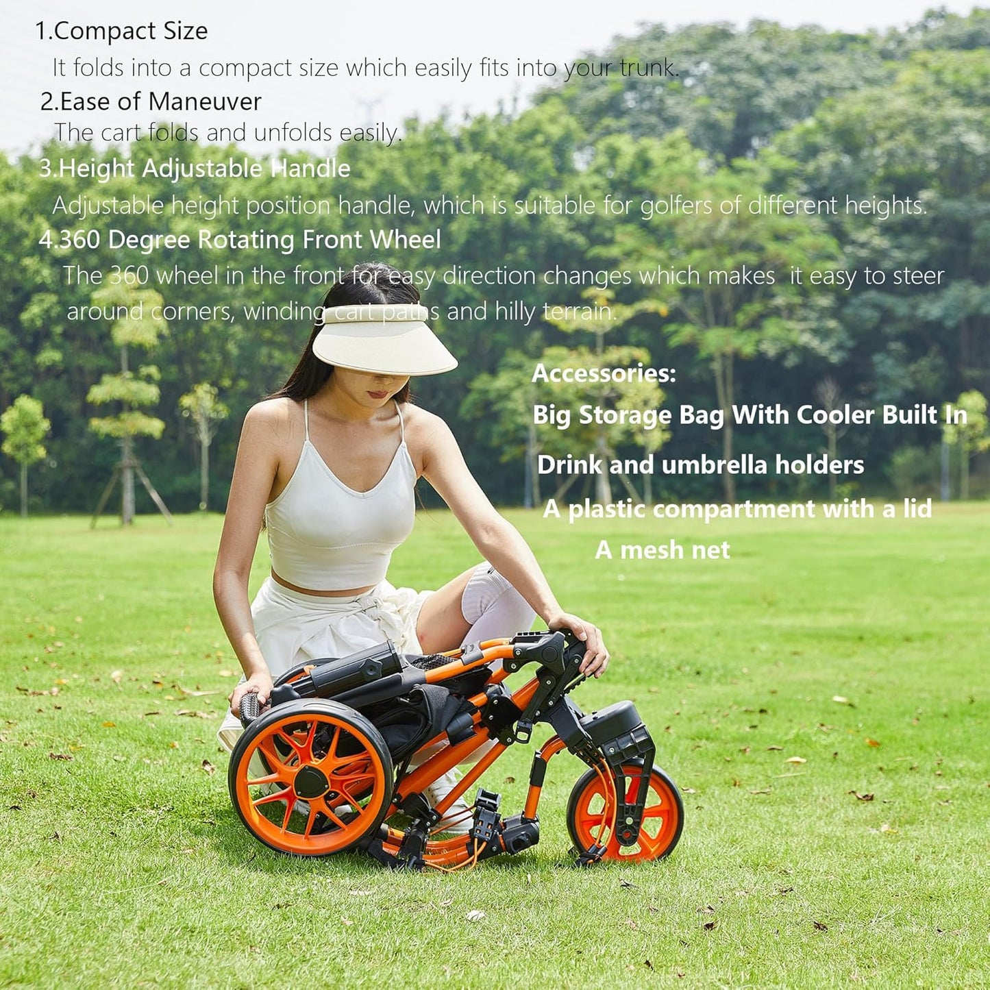 Golf Push Cart 3 Wheel with 360 Swivel Front Wheel,Lightweight and Foldable Walking Golf Cart,One-Click Foldable,with Foot Brake