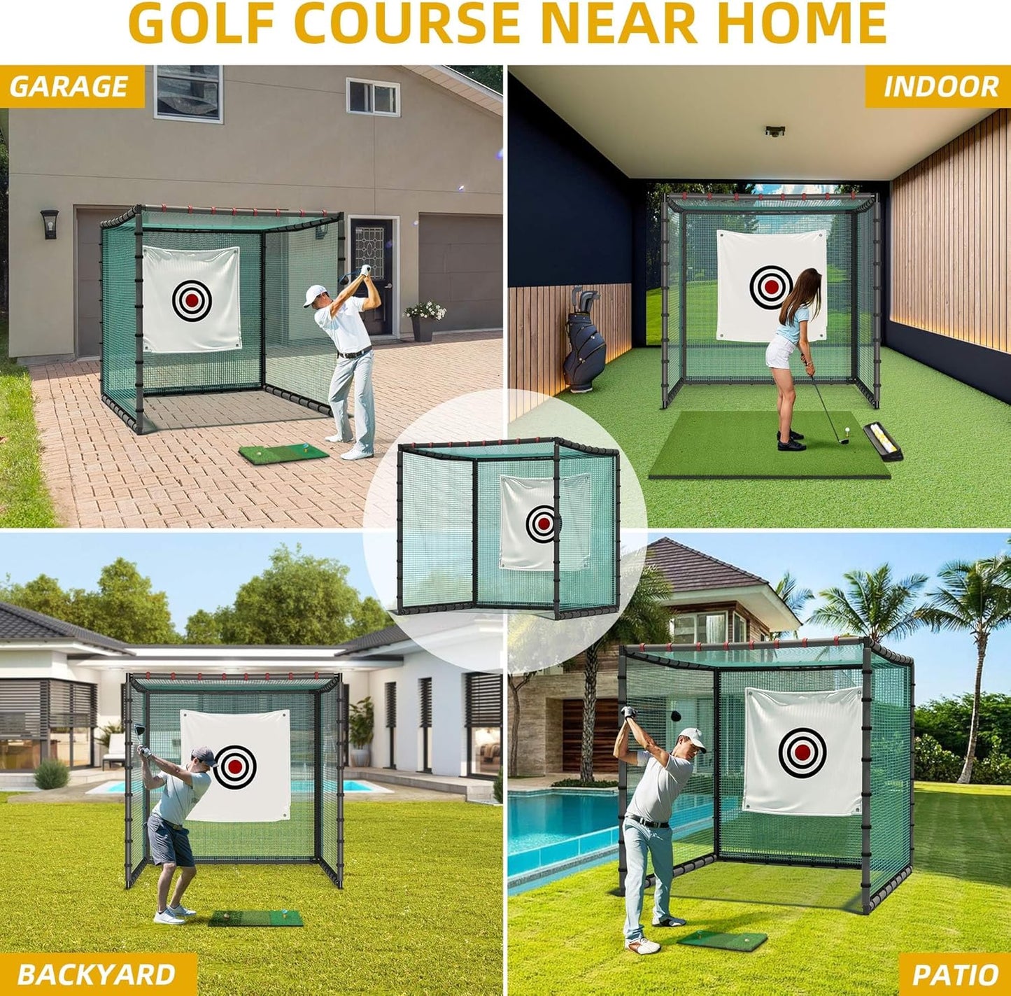 Golf Cage Net with Wheels, Upgrade Driving Hitting Cage with Metal Frame, Golf Practice Net for Full Swing and Chipping Backyard Indoor Outdoor Lawn(Includes 1 Hitting Mat 6 PU Balls 1 Tee)