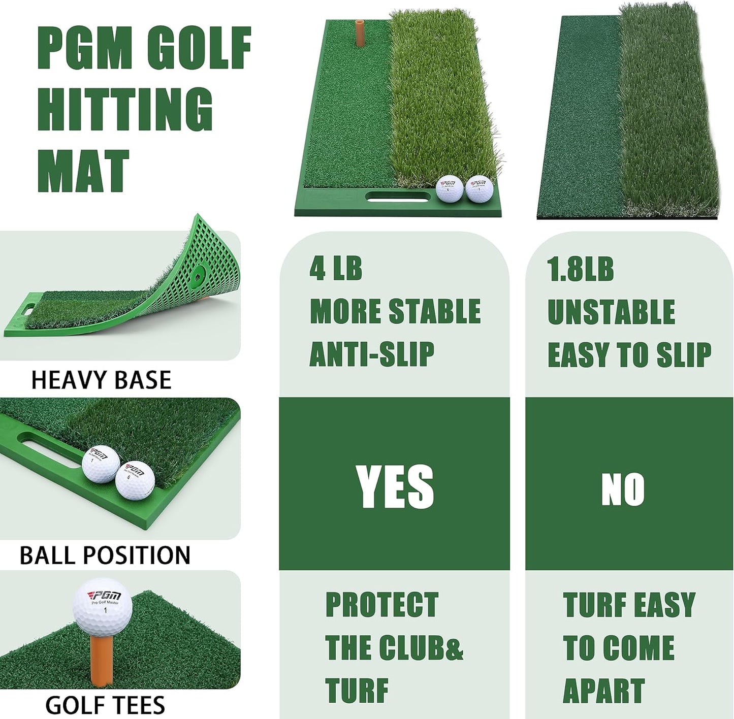 PGM Golf Hitting Mat 24x12 Inch, Dual-Turf with 40% Larger Mat, 4lbs Weighted Non-Slip Base, Realistic Fairway & Rough for Indoor Outdoor Practice, Includes Golf Tees