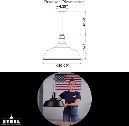 Steel Lighting Co. Manhattan Warehouse Light | Ceiling Mounted Pendant | 20 inch Dome | 12" Galvanized Stem | Large Steel Barn Light Made in America | Navy Blue Exterior/Brass Interior