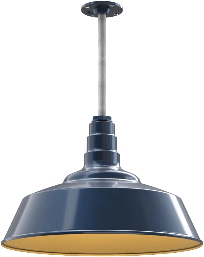 Steel Lighting Co. Manhattan Warehouse Light | Ceiling Mounted Pendant | 20 inch Dome | 12" Galvanized Stem | Large Steel Barn Light Made in America | Gray Blue Exterior/Brass Interior