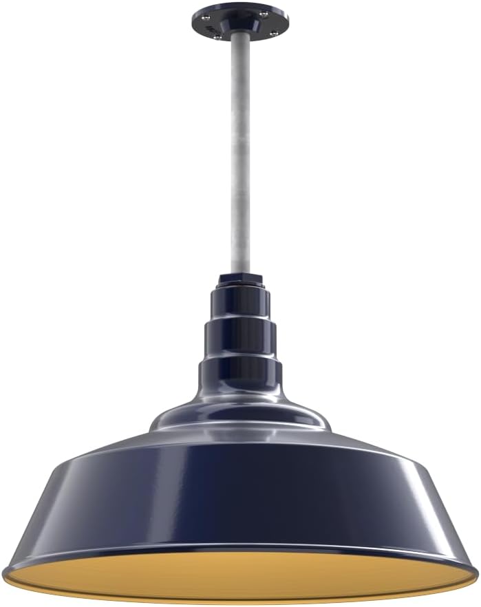 Steel Lighting Co. Manhattan Warehouse Light | Ceiling Mounted Pendant | 20 inch Dome | 12" Galvanized Stem | Large Steel Barn Light Made in America | Navy Blue Exterior/Brass Interior