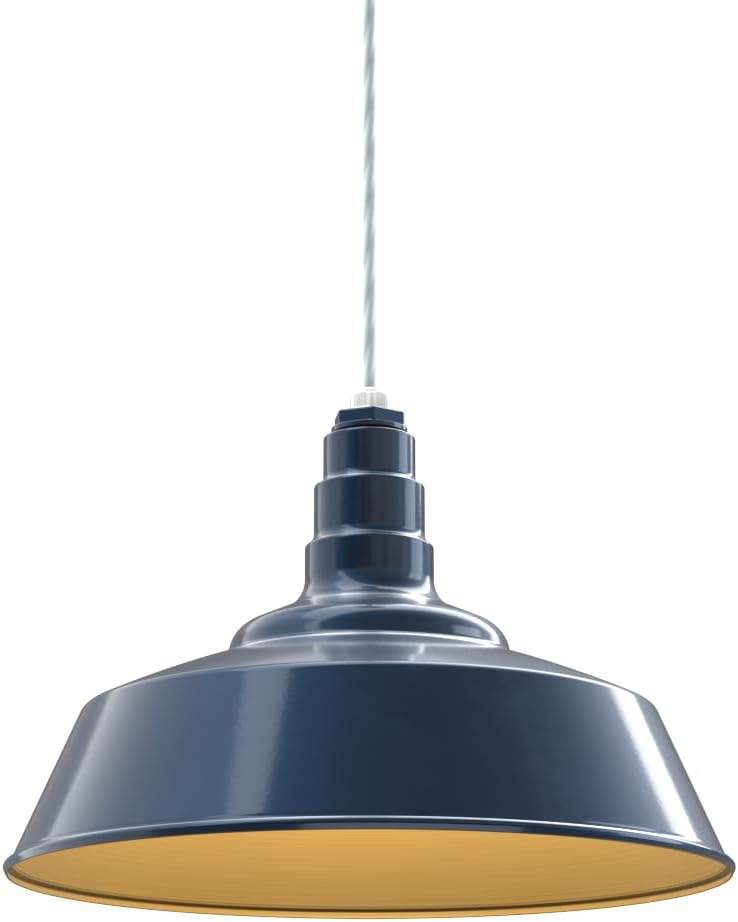 Steel Lighting Co. Manhattan Warehouse Light | Ceiling Mounted Pendant | 20 inch Dome | 4' White Cord | Large Steel Barn Light Made in America | Gray Blue Exterior/Brass Interior